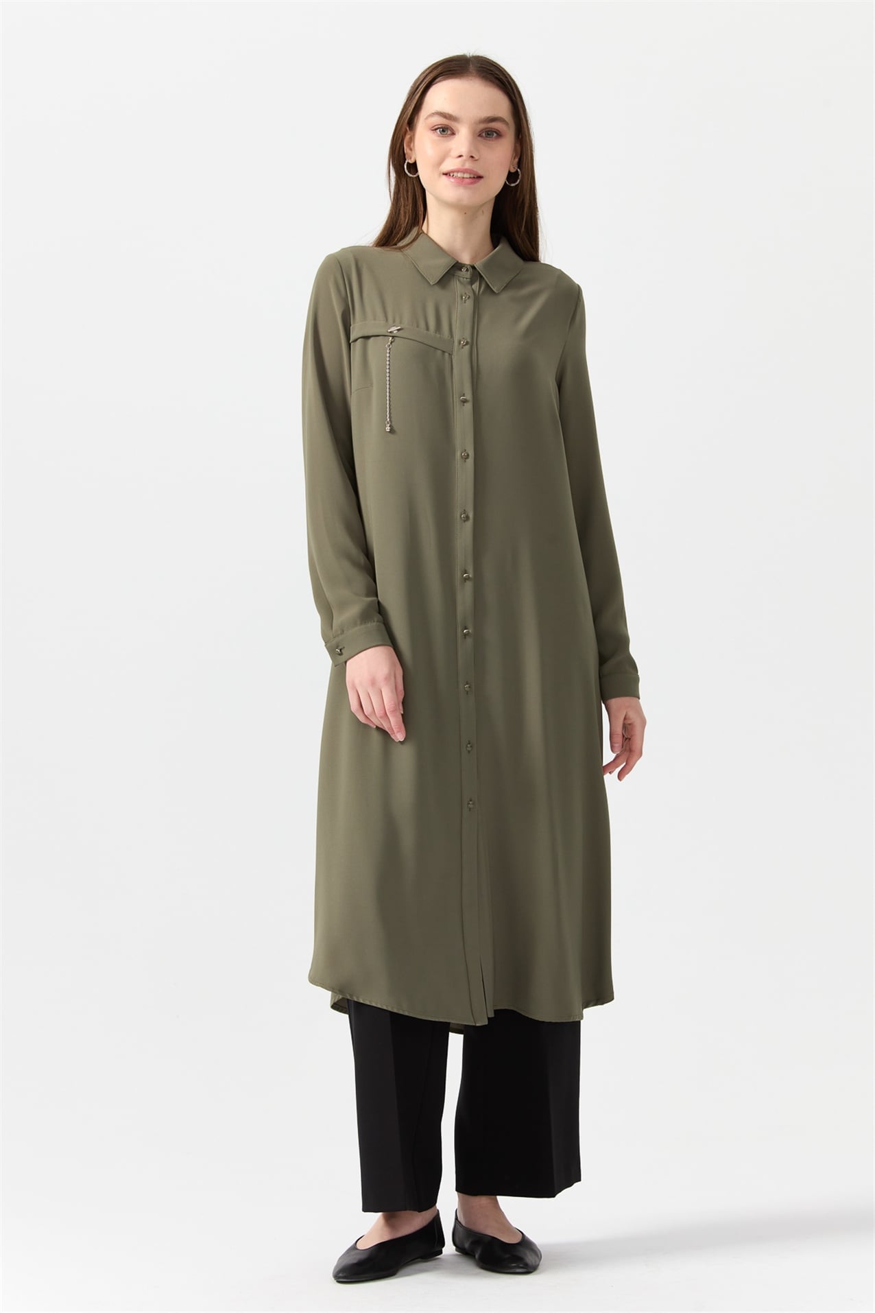 NİHAN Tunik Nihan Gömlek Yaka Tunik  Haki_modest