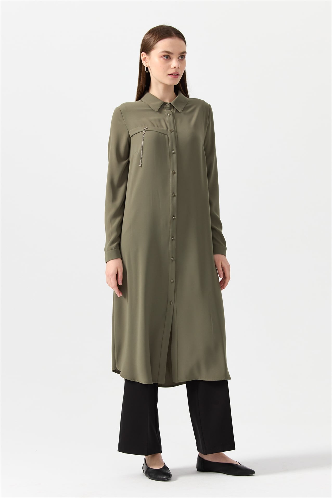 NİHAN Tunik Nihan Gömlek Yaka Tunik  Haki_modest