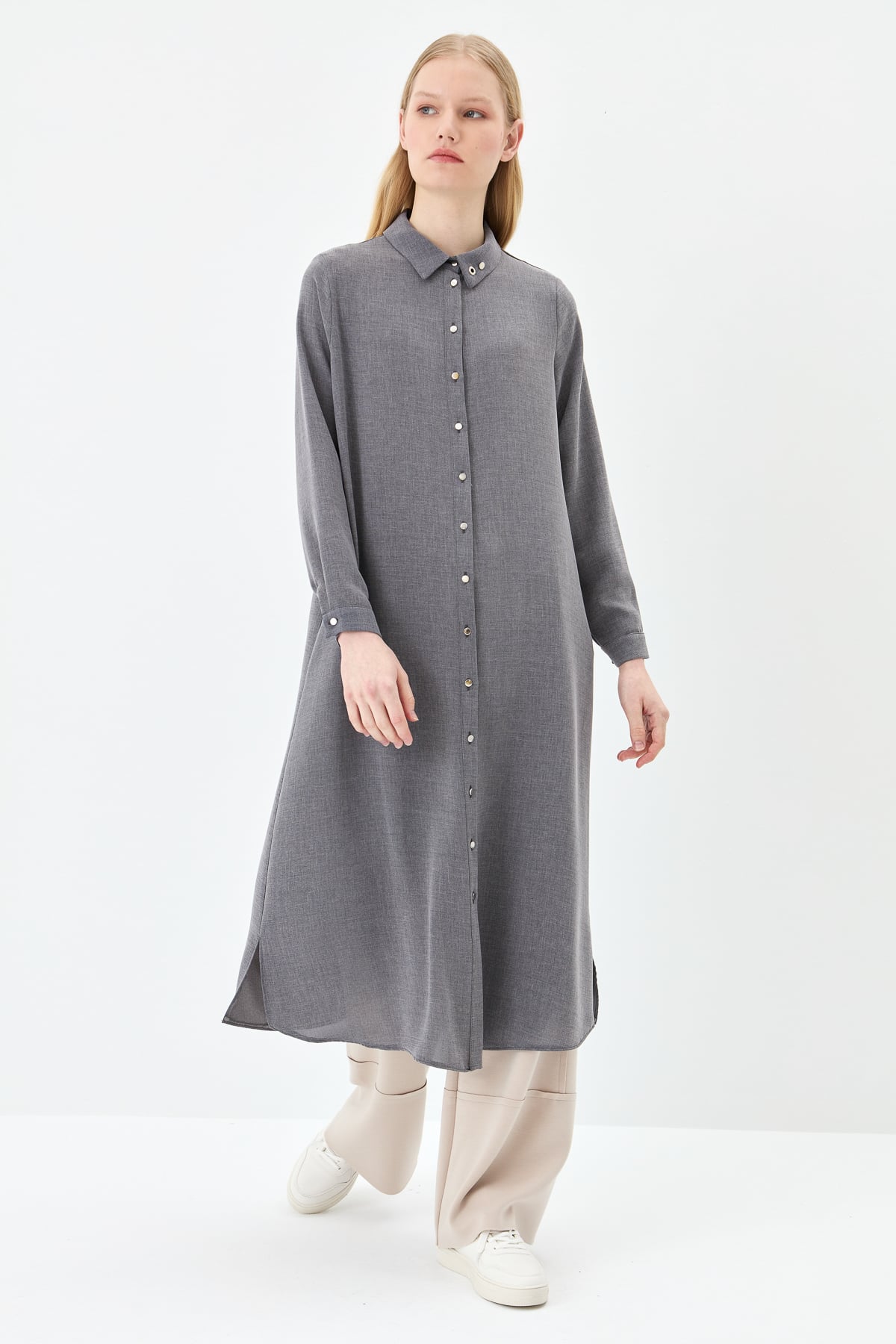 NİHAN Tunik Nihan Gömlek Yaka Uzun Tunik  Gri_modest