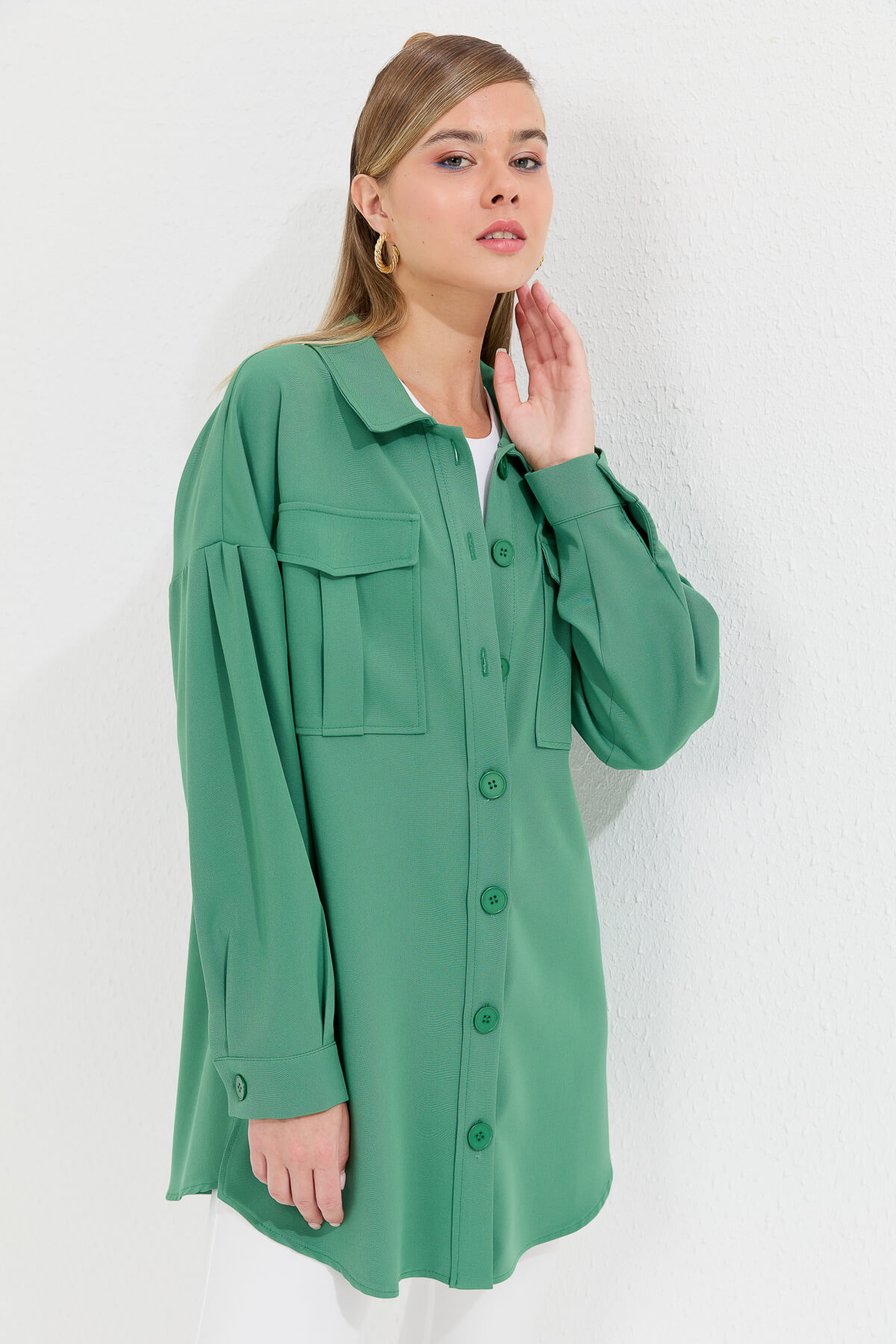 NİHAN Ceket Nihan İri Cepli Broşlu Ceket  Benetton Yeşili_modest