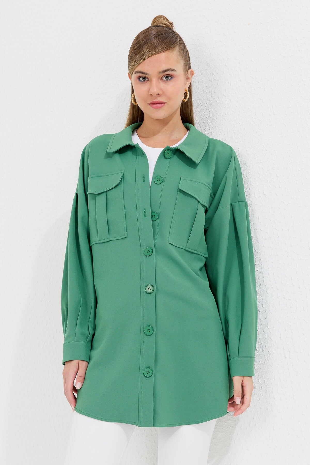 NİHAN Ceket Nihan İri Cepli Broşlu Ceket  Benetton Yeşili_modest