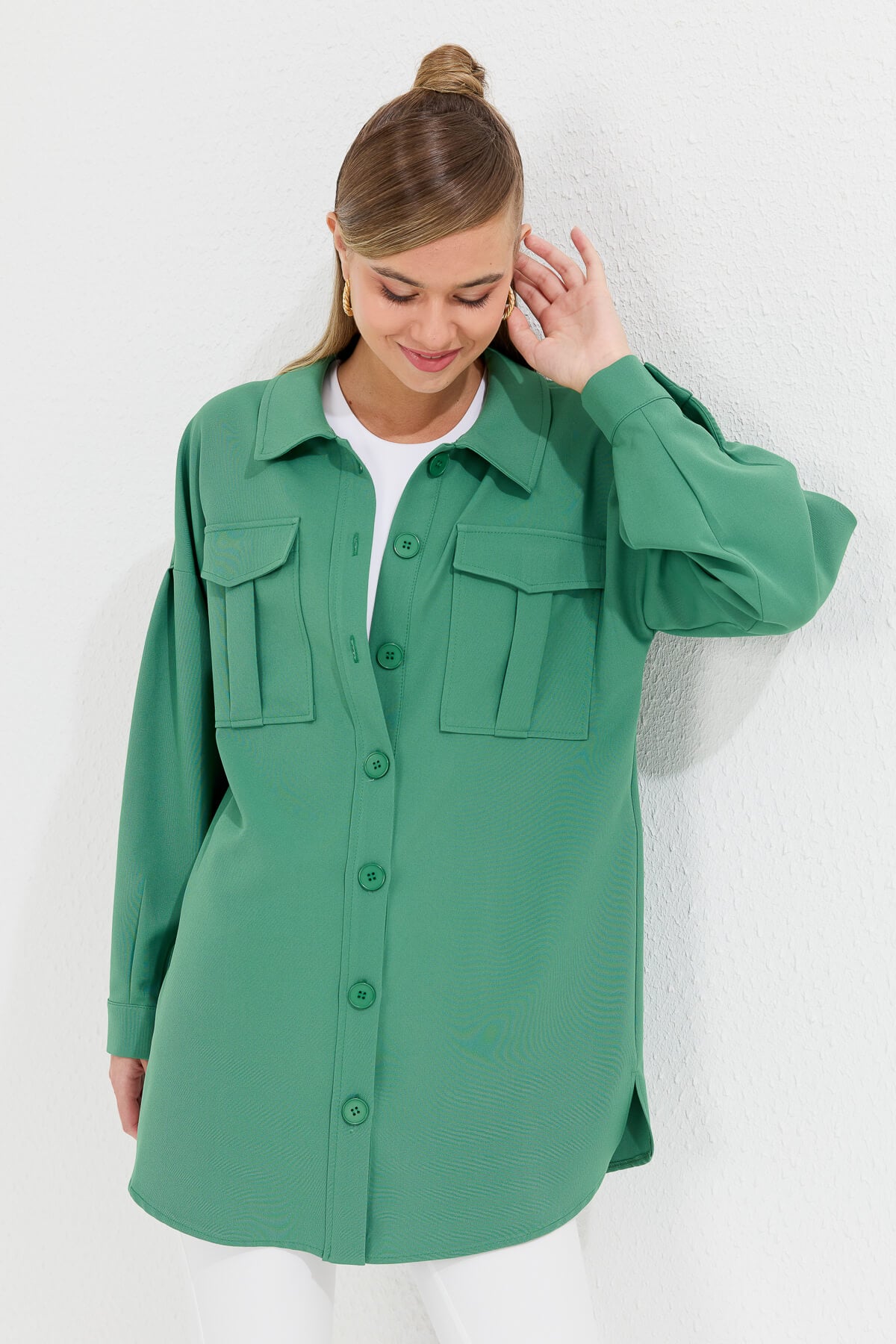 NİHAN Ceket Nihan İri Cepli Broşlu Ceket  Benetton Yeşili_modest