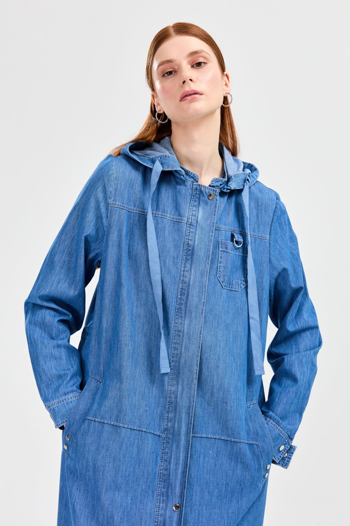 NİHAN Kap Nihan Kapşonlu Denim Kap  Açık Mavi_modest