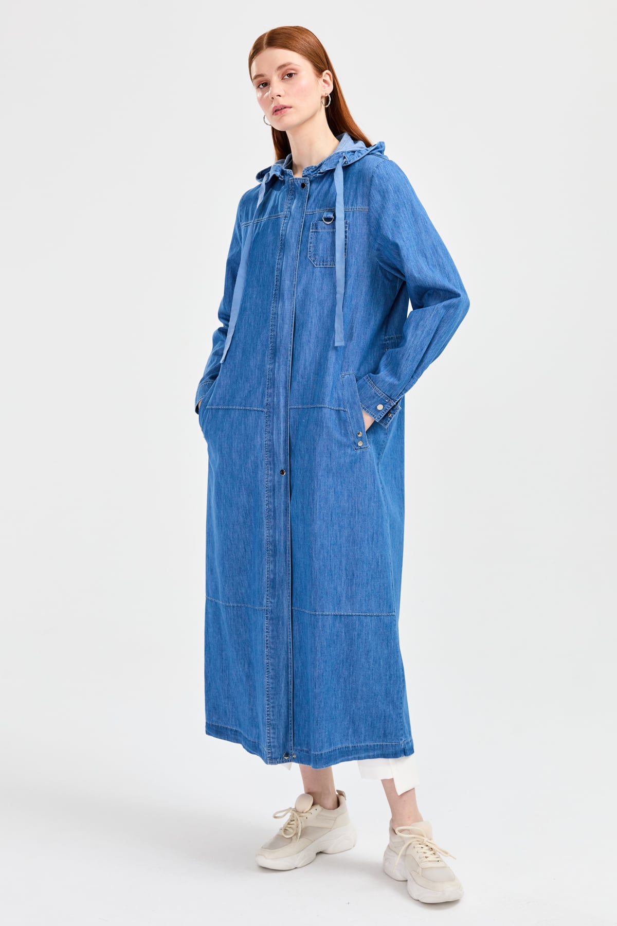 NİHAN Kap Nihan Kapşonlu Denim Kap  Açık Mavi_modest
