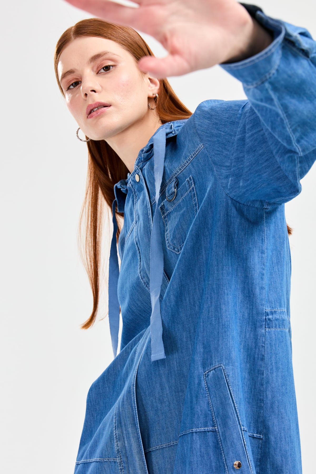 NİHAN Kap Nihan Kapşonlu Denim Kap  Açık Mavi_modest