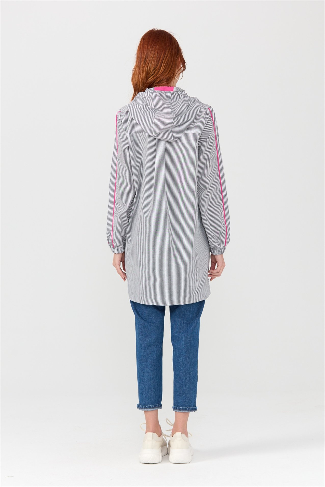 NİHAN Tunik Nihan Kapşonlu Kontrast Kombinli Poplin Tunik  Fuşya_modest
