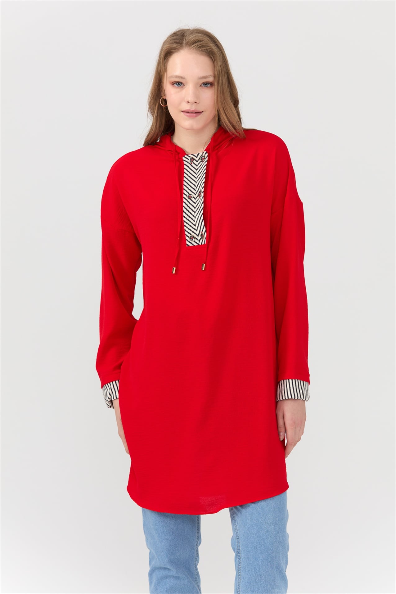 NİHAN Tunik Nihan Kapşonlu Tunik  Kırmızı_modest