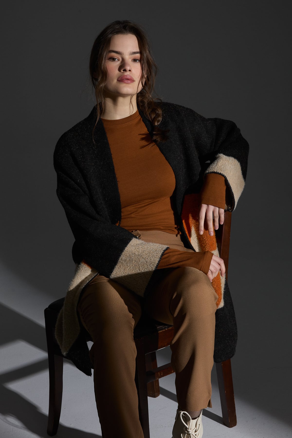 NİHAN Hırka Nihan Kazayağı Desenli Oversize Triko Hırka  Siyah_modest