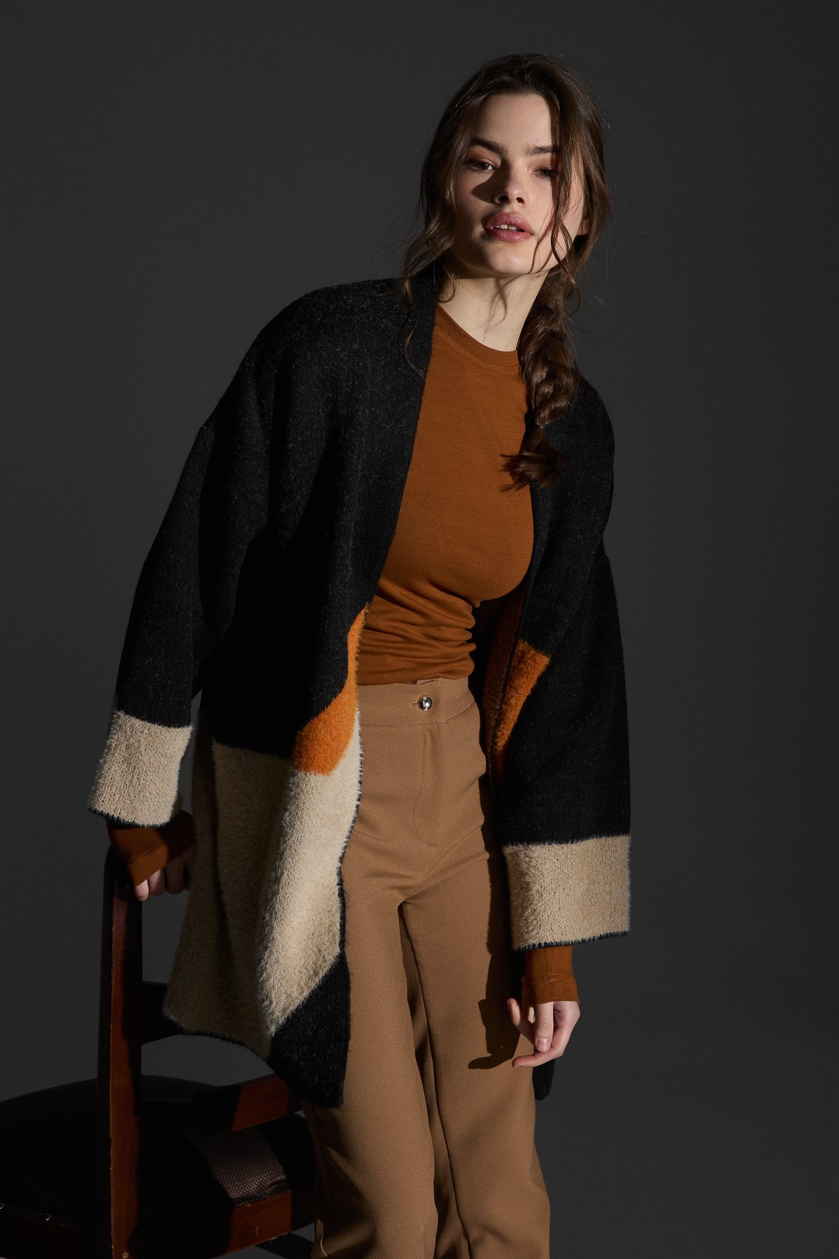 NİHAN Hırka Nihan Kazayağı Desenli Oversize Triko Hırka  Siyah_modest