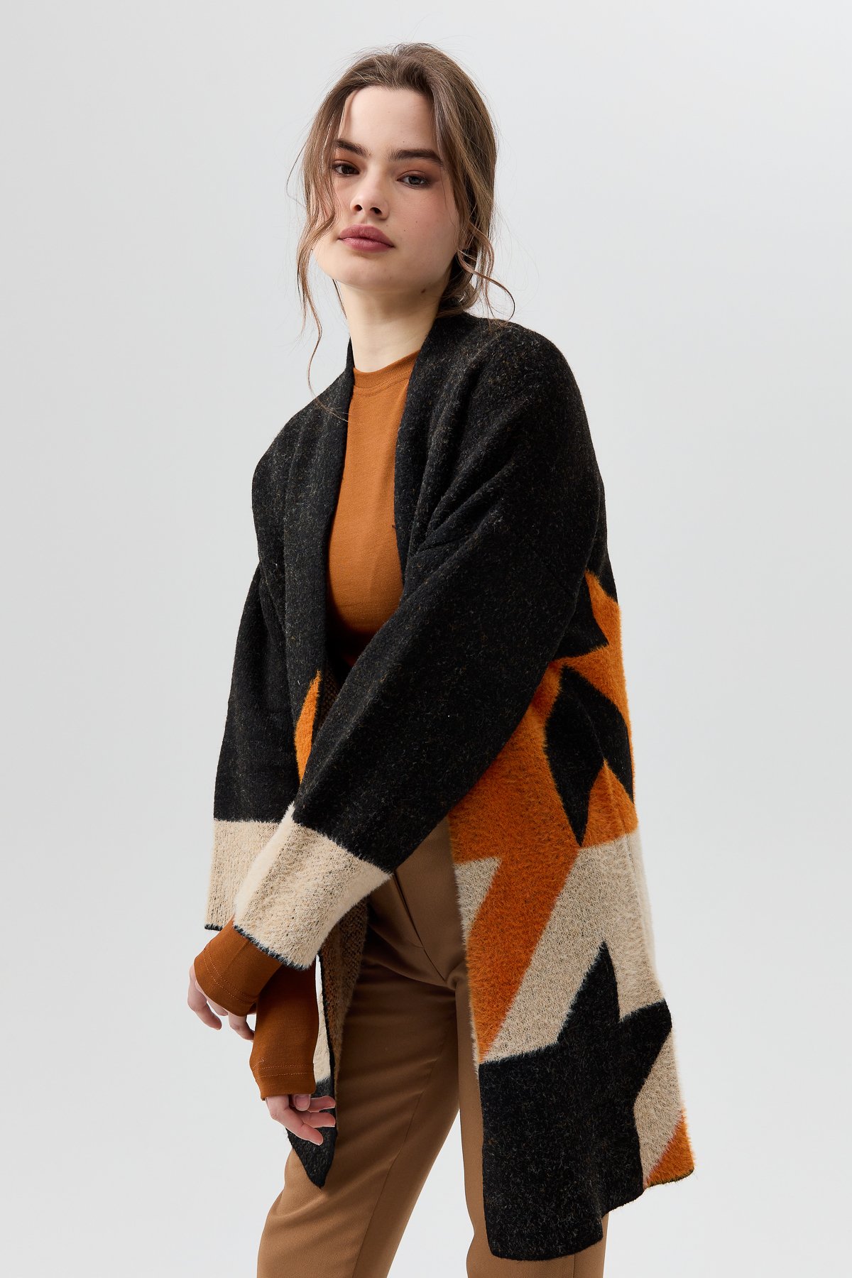 NİHAN Hırka Nihan Kazayağı Desenli Oversize Triko Hırka  Siyah_modest