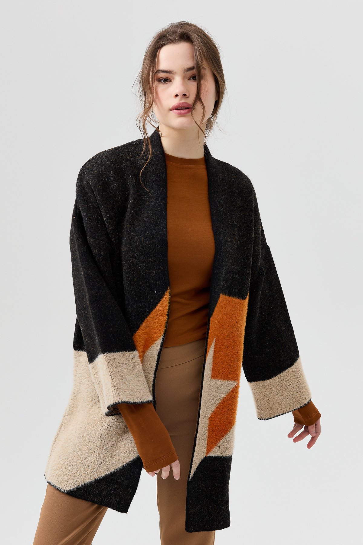 NİHAN Hırka Nihan Kazayağı Desenli Oversize Triko Hırka  Siyah_modest