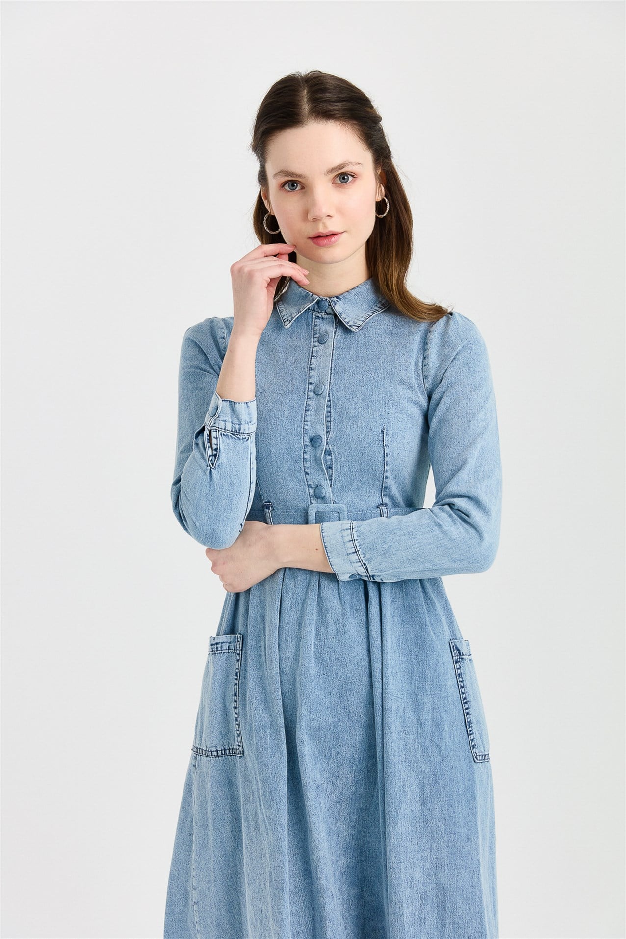 NİHAN Elbise Nihan Kemerli Denim Elbise  Buz_modest