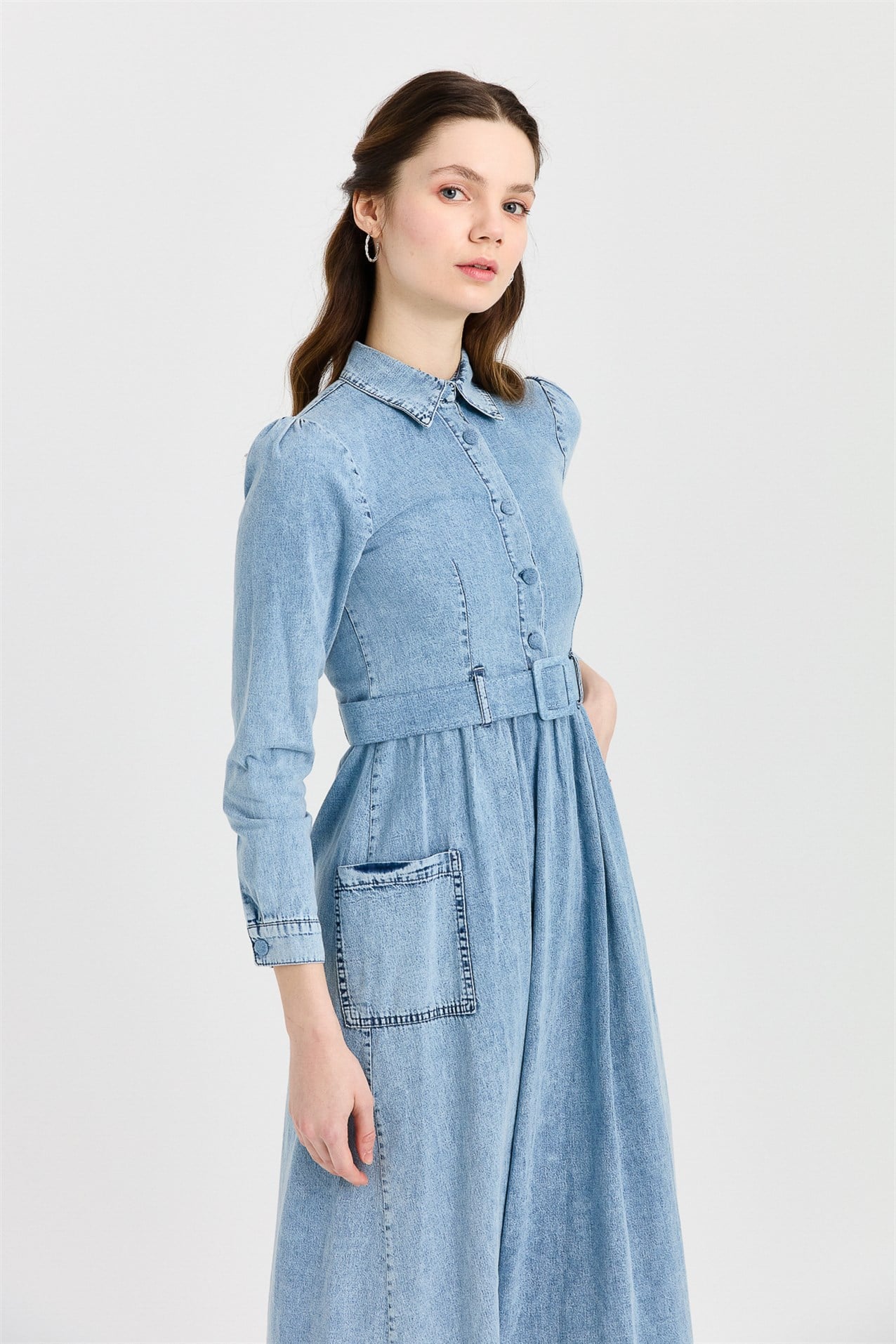 NİHAN Elbise Nihan Kemerli Denim Elbise  Buz_modest