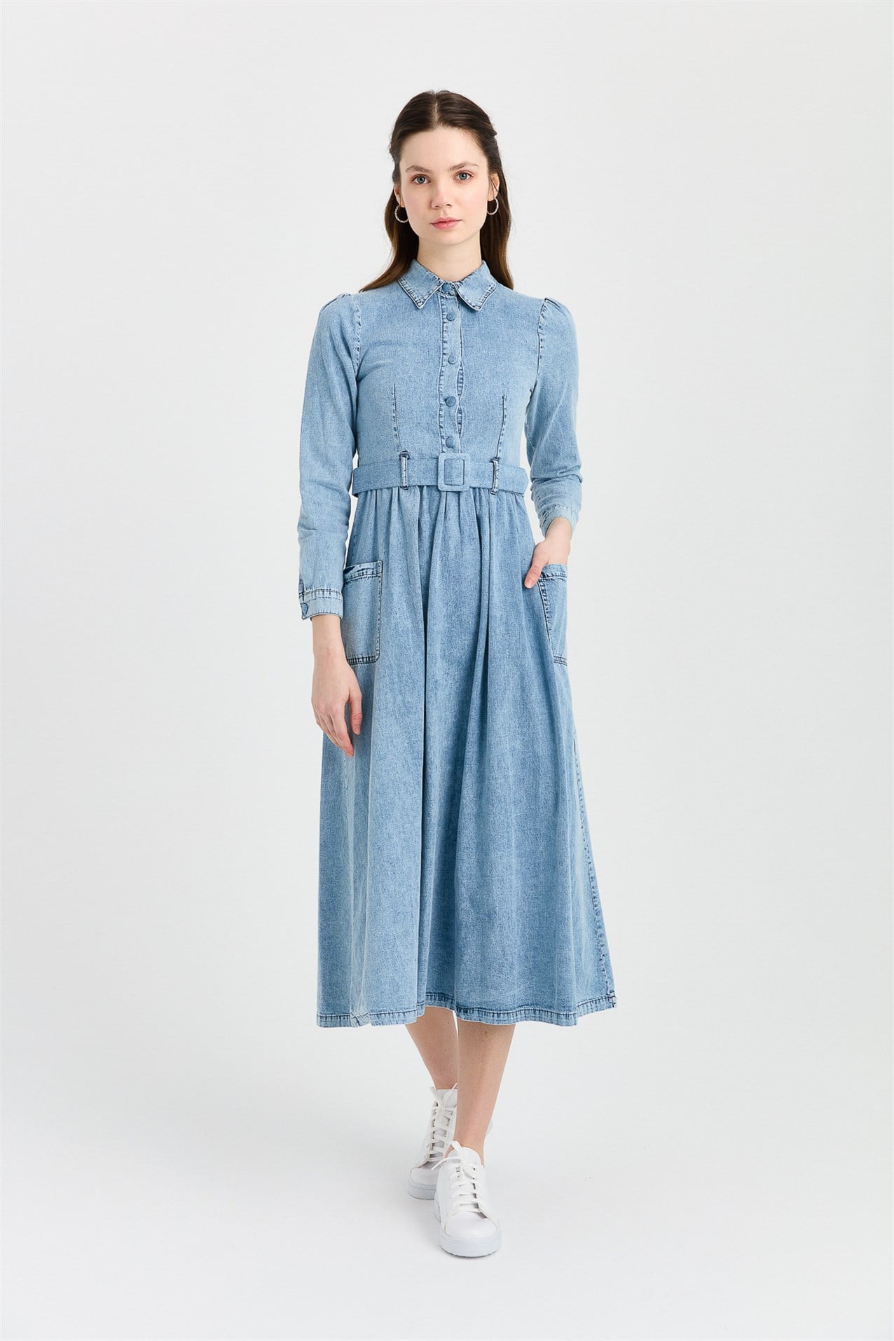 NİHAN Elbise Nihan Kemerli Denim Elbise  Buz_modest