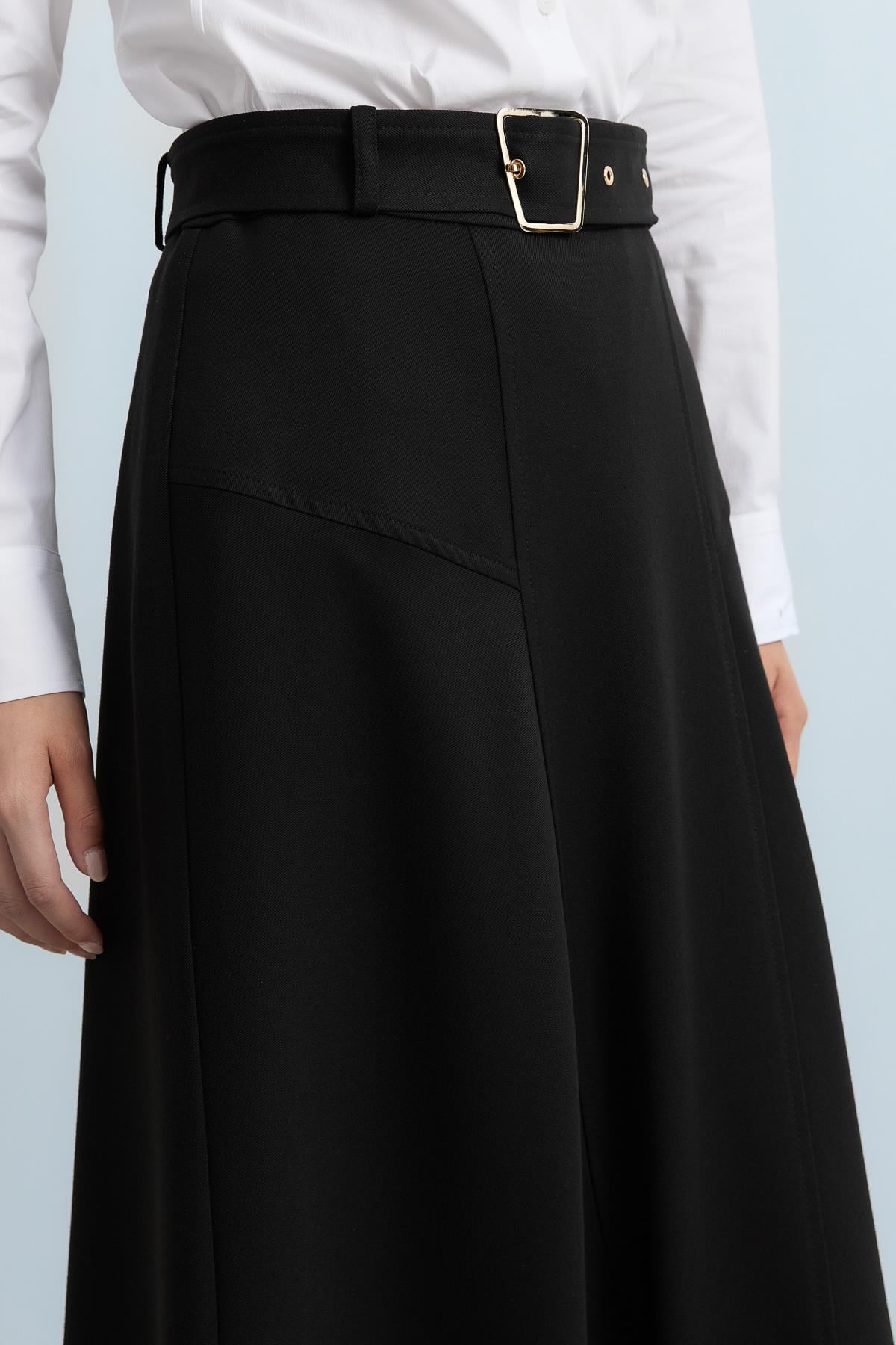 NİHAN Skirt Nihan Kemerli Volanlı Kloş Etek  Siyah_modest