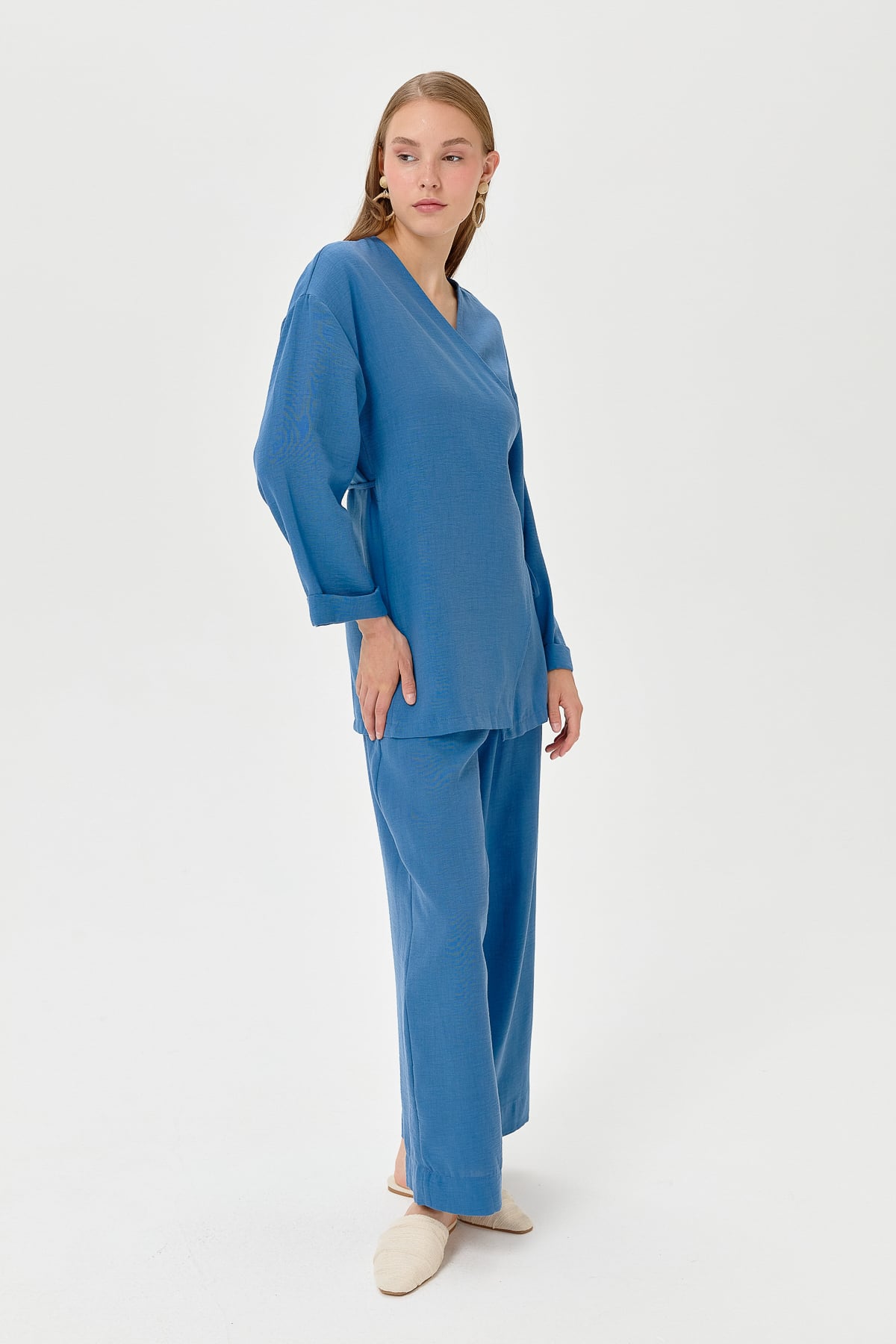 NİHAN Suits Nihan Keten Kruvaze Kimono Pantolon Takım  İndigo_modest