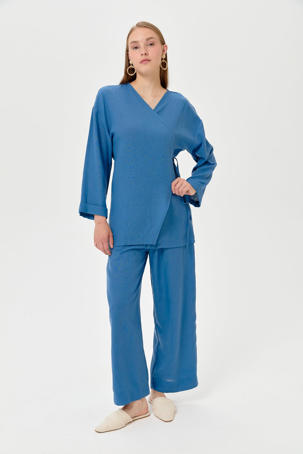 NİHAN Suits Nihan Keten Kruvaze Kimono Pantolon Takım  İndigo_modest