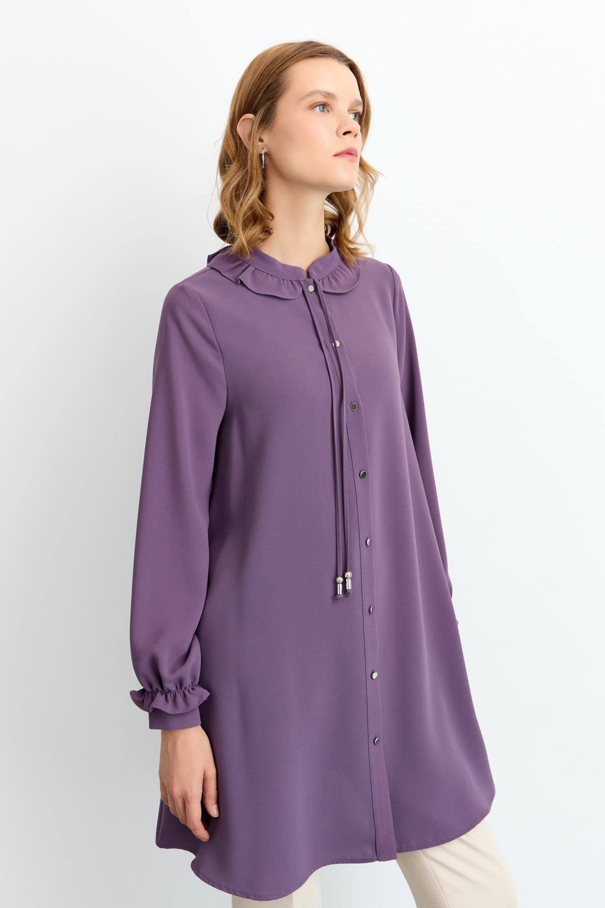 NİHAN Tunik Nihan Kol ve Yaka Detaylı Tunik  Mor_modest