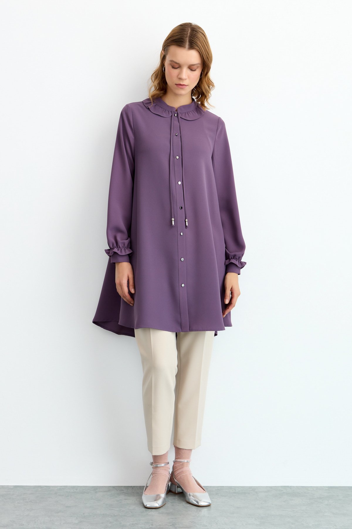 NİHAN Tunik Nihan Kol ve Yaka Detaylı Tunik  Mor_modest