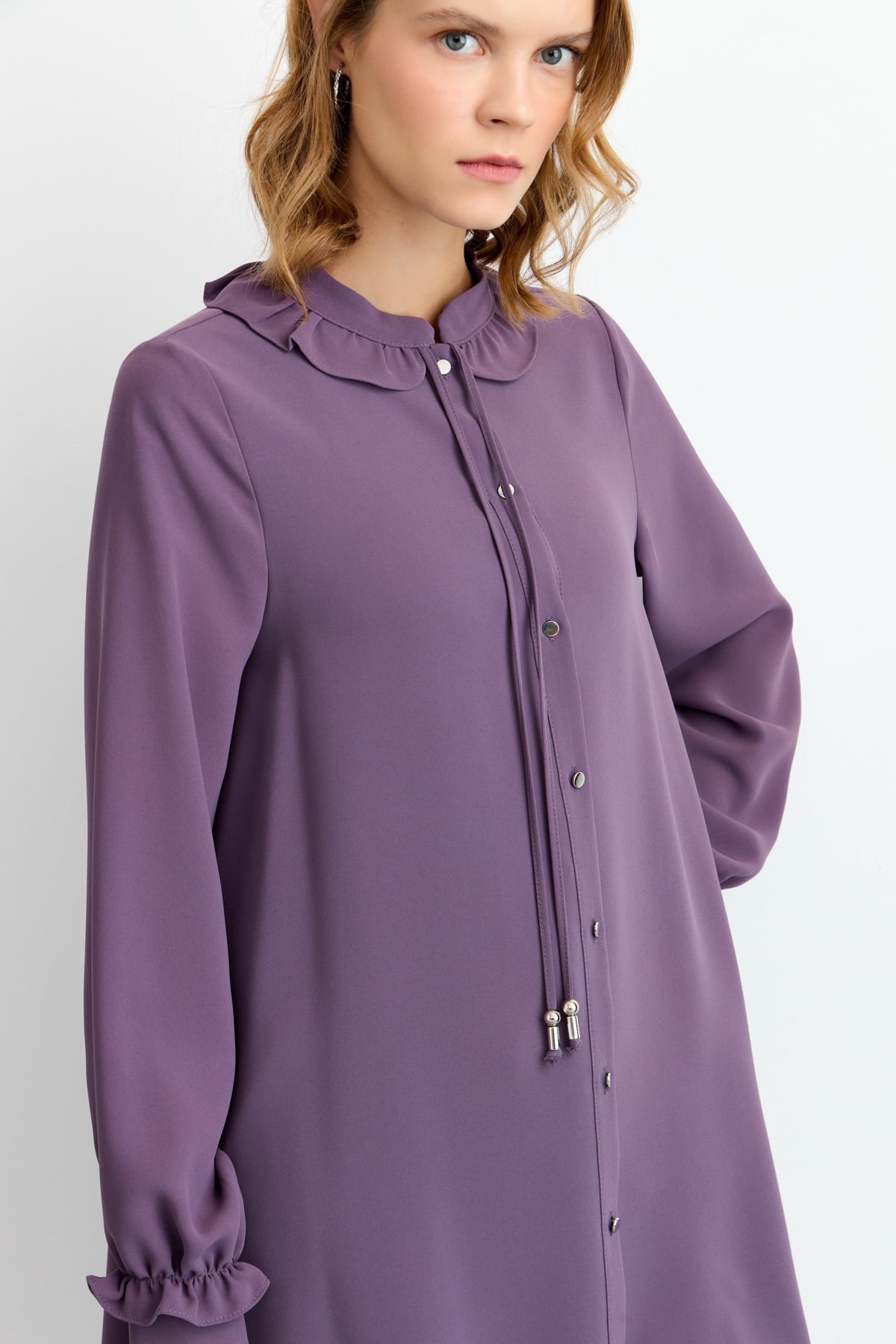 NİHAN Tunik Nihan Kol ve Yaka Detaylı Tunik  Mor_modest