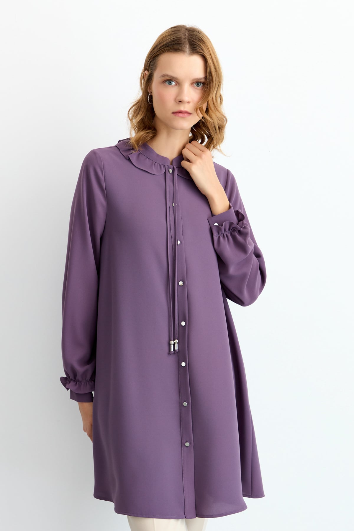 NİHAN Tunik Nihan Kol ve Yaka Detaylı Tunik  Mor_modest