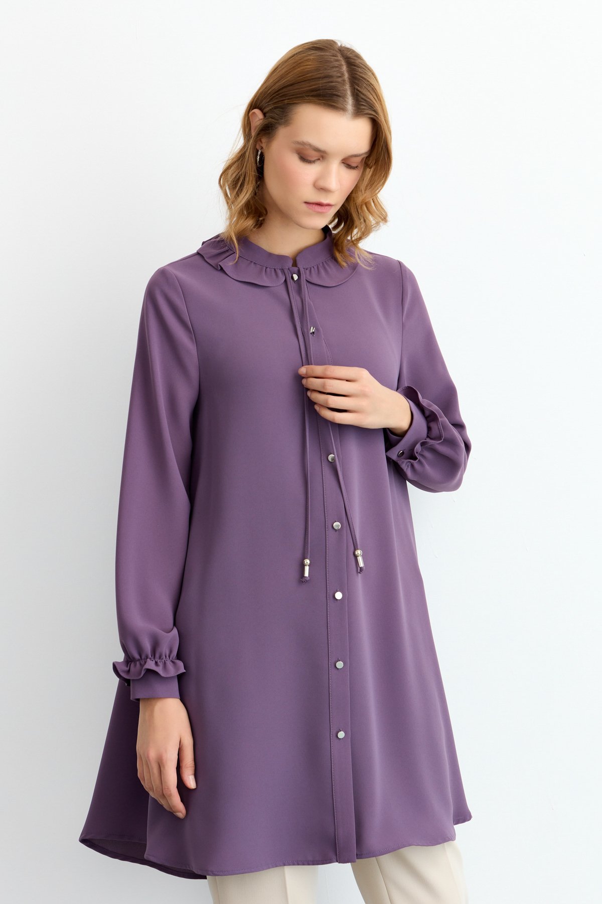 NİHAN Tunik Nihan Kol ve Yaka Detaylı Tunik  Mor_modest