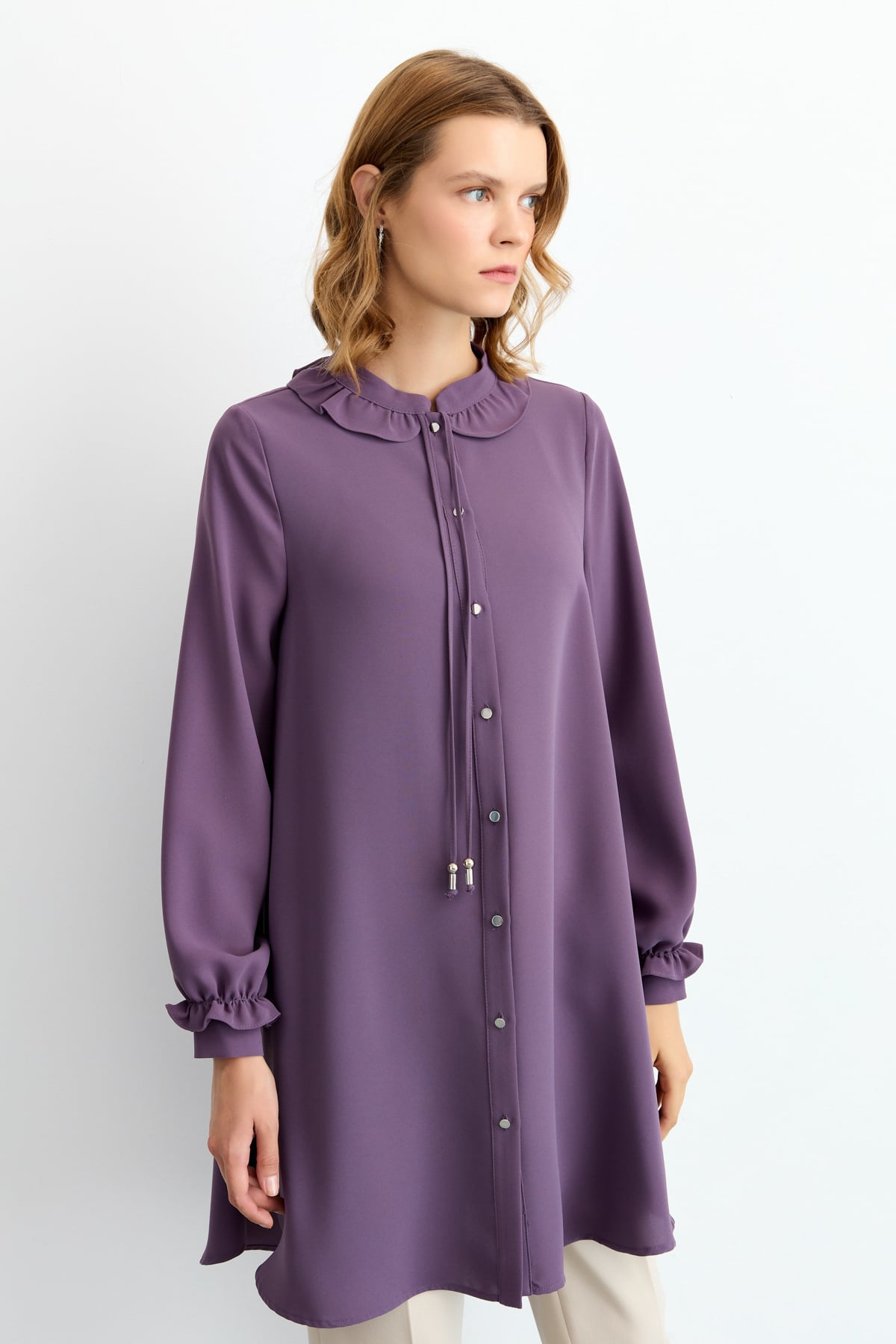NİHAN Tunik Nihan Kol ve Yaka Detaylı Tunik  Mor_modest