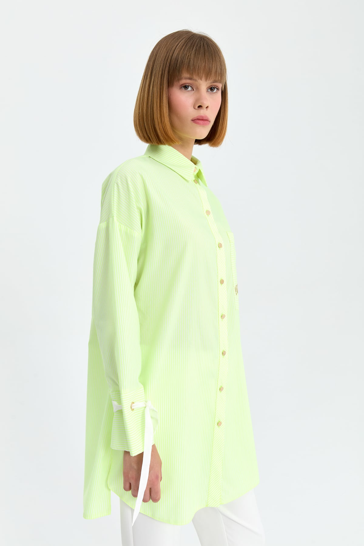 NİHAN Tunic Nihan Kolları Bağlamalı Çizgili Gömlek Tunik  Sarı_modest