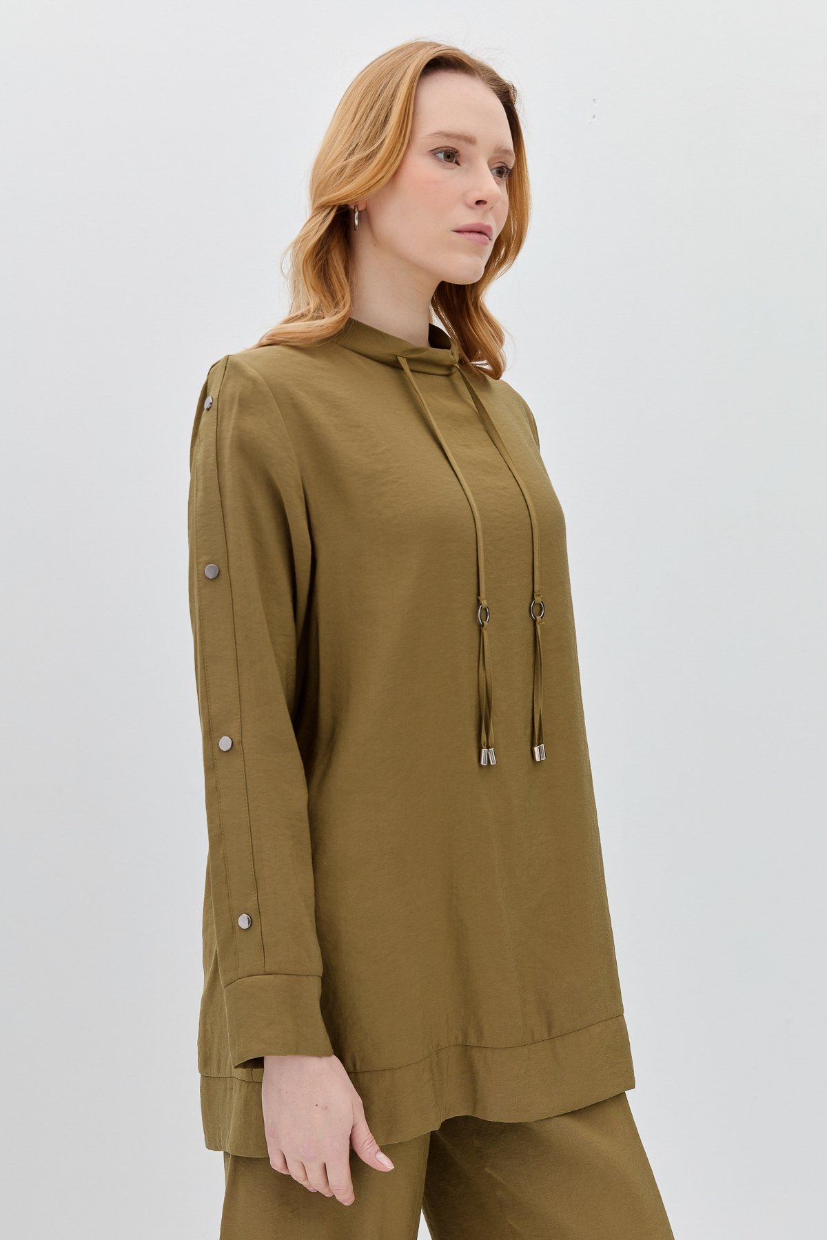 NİHAN Takım Nihan Kolları Çıt Çıt Detaylı Pantolon Tunik Takım  Haki_modest