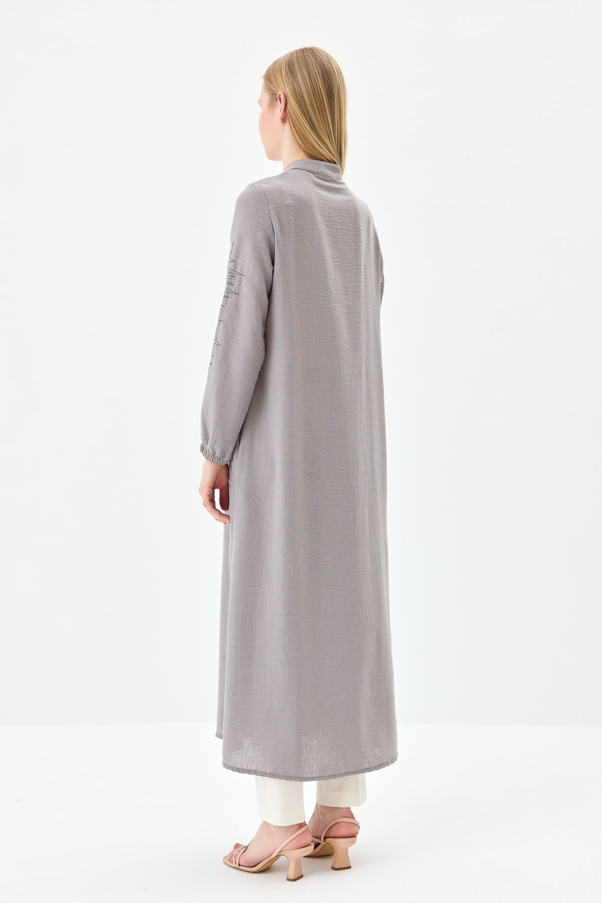 NİHAN Pardesü Nihan Kolları Nakışlı Keten Ferace  Gri_modest