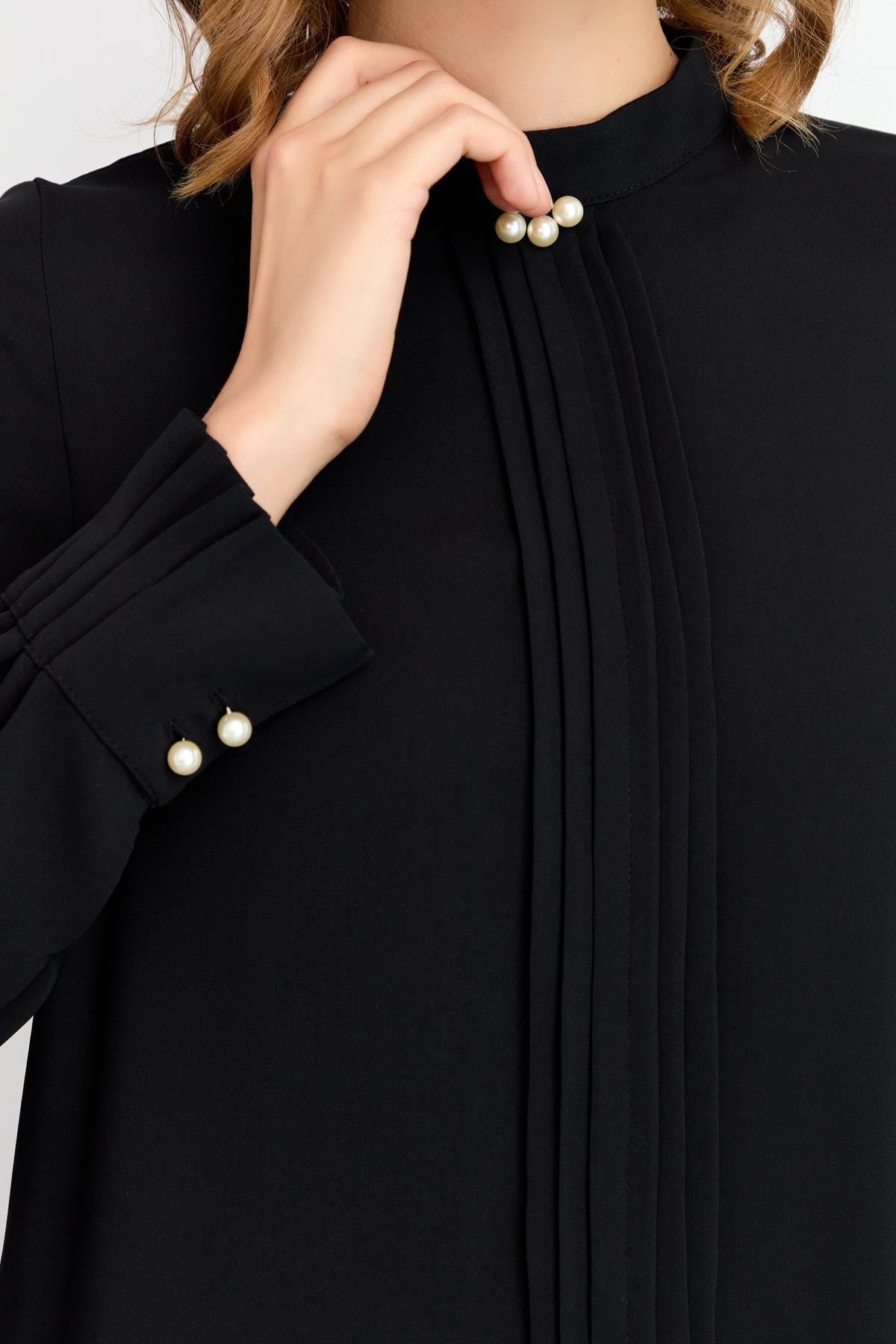 NİHAN Bluz Nihan Kolları Pileli Dik Yaka Bluz  Siyah_modest
