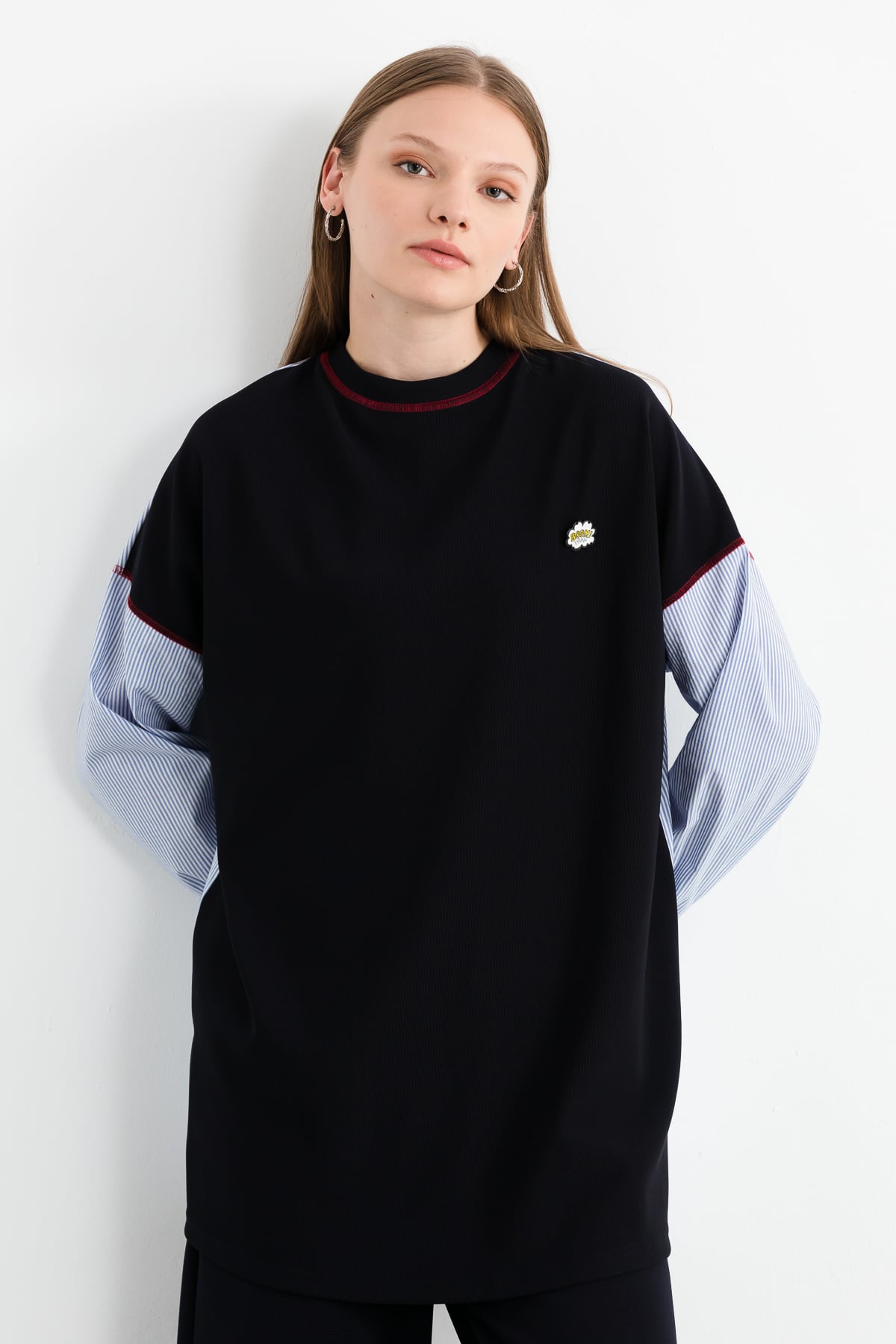 NİHAN Sweat Nihan Kolları Poplin Ribanalı Tunik  Lacivert_modest