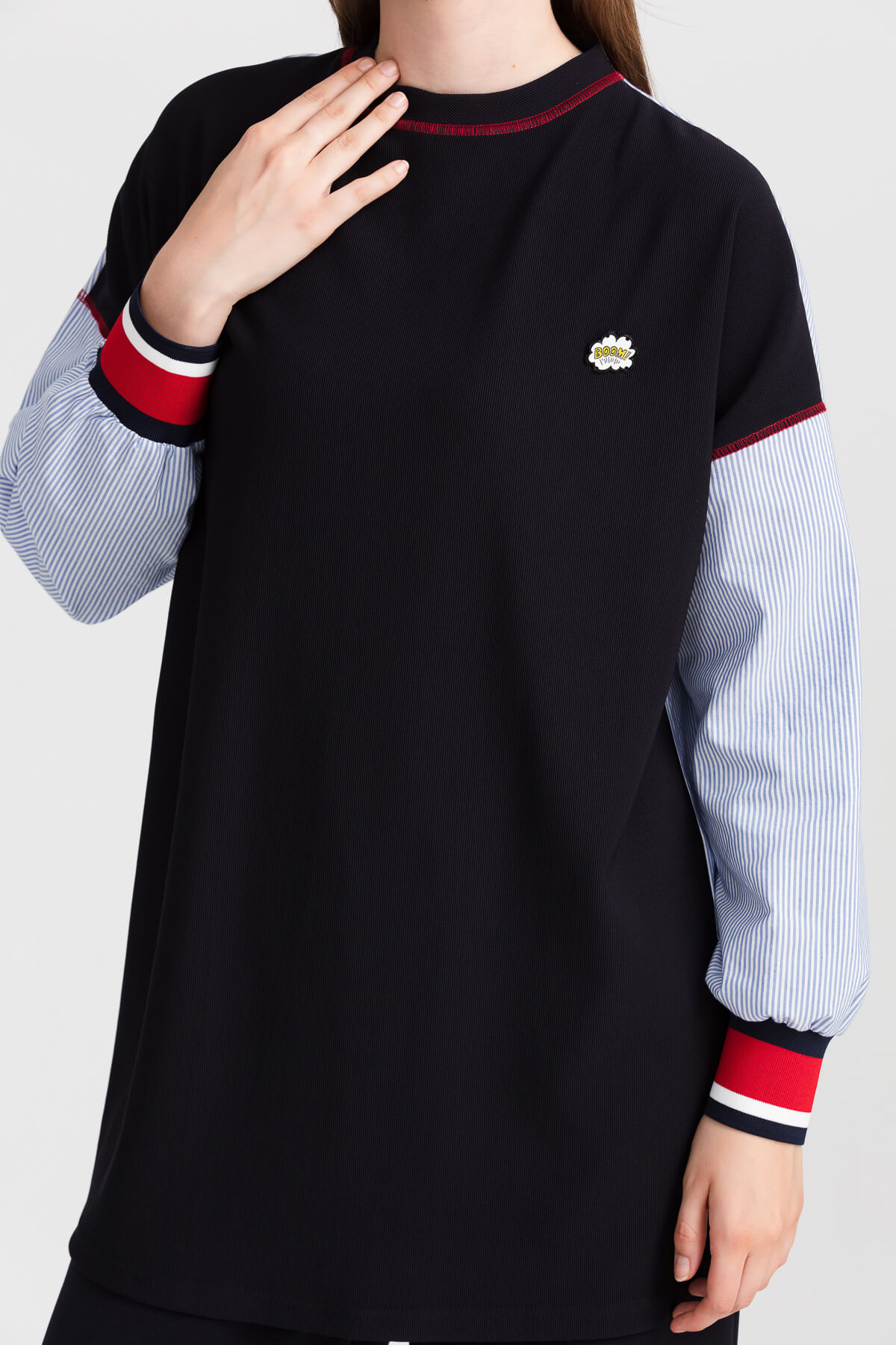 NİHAN Sweat Nihan Kolları Poplin Ribanalı Tunik  Lacivert_modest