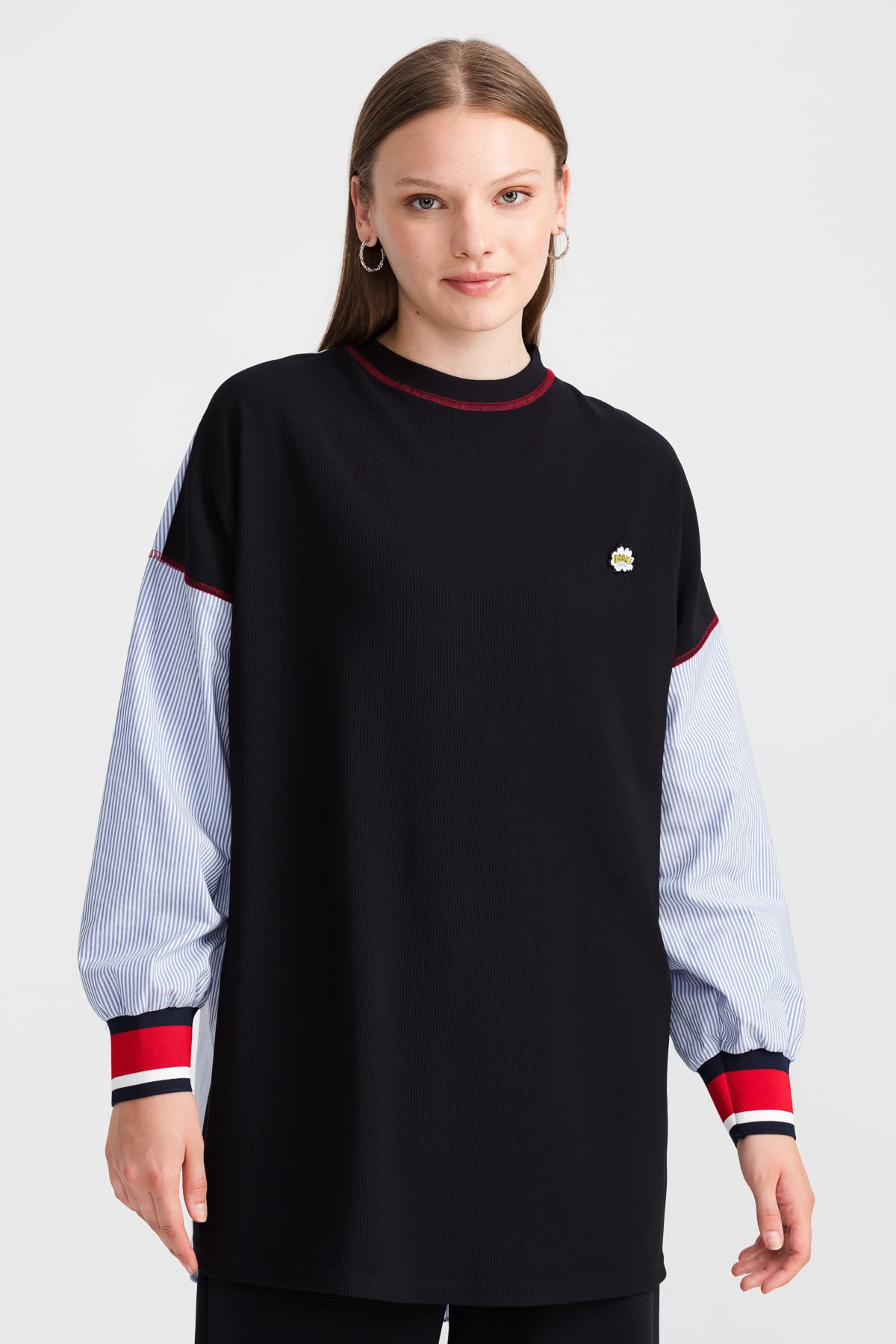 NİHAN Sweat Nihan Kolları Poplin Ribanalı Tunik  Lacivert_modest