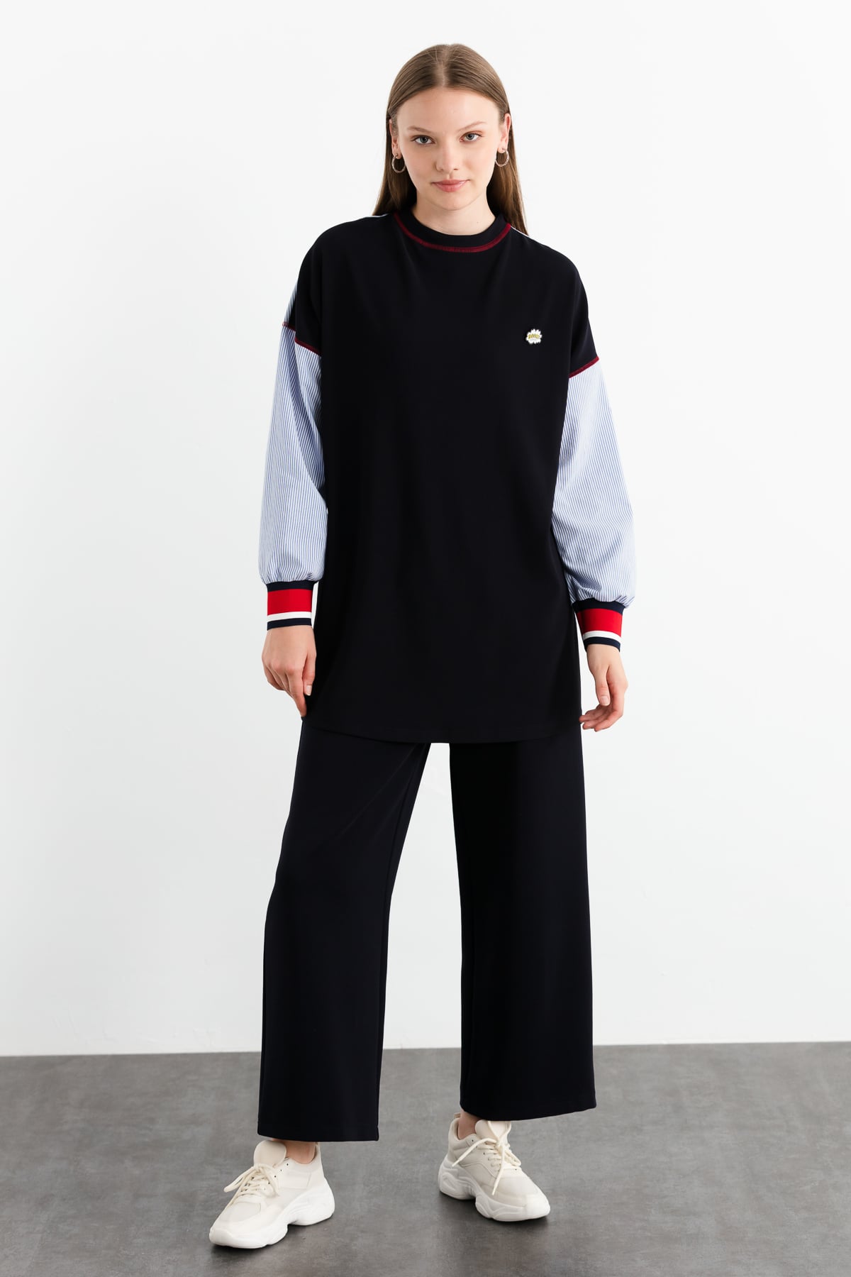 NİHAN Sweat Nihan Kolları Poplin Ribanalı Tunik  Lacivert_modest