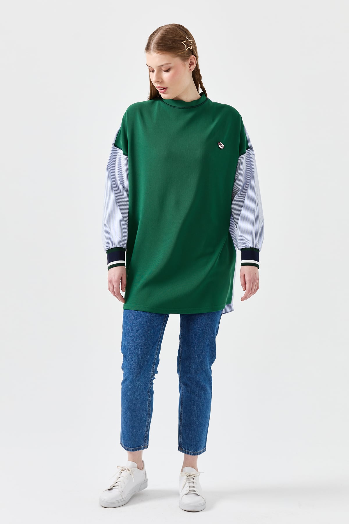 NİHAN Sweat Nihan Kolları Poplin Ribanalı Tunik  Benetton Yeşili_modest