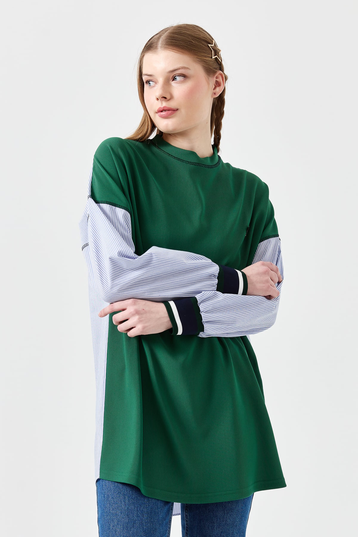 NİHAN Sweat Nihan Kolları Poplin Ribanalı Tunik  Benetton Yeşili_modest