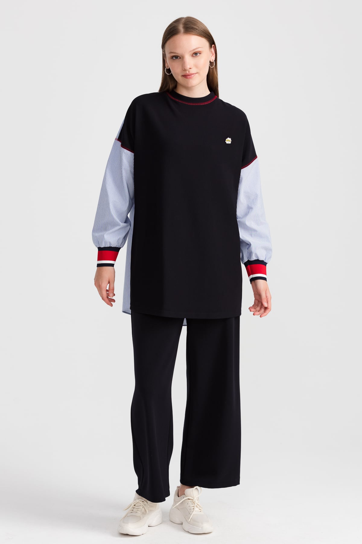 NİHAN Sweat Nihan Kolları Poplin Ribanalı Tunik  Lacivert_modest