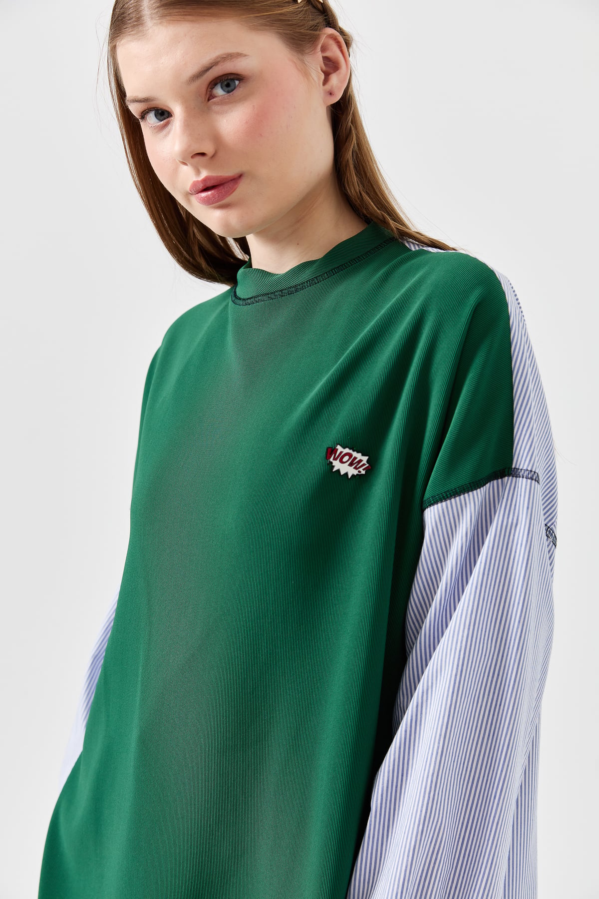 NİHAN Sweat Nihan Kolları Poplin Ribanalı Tunik  Benetton Yeşili_modest