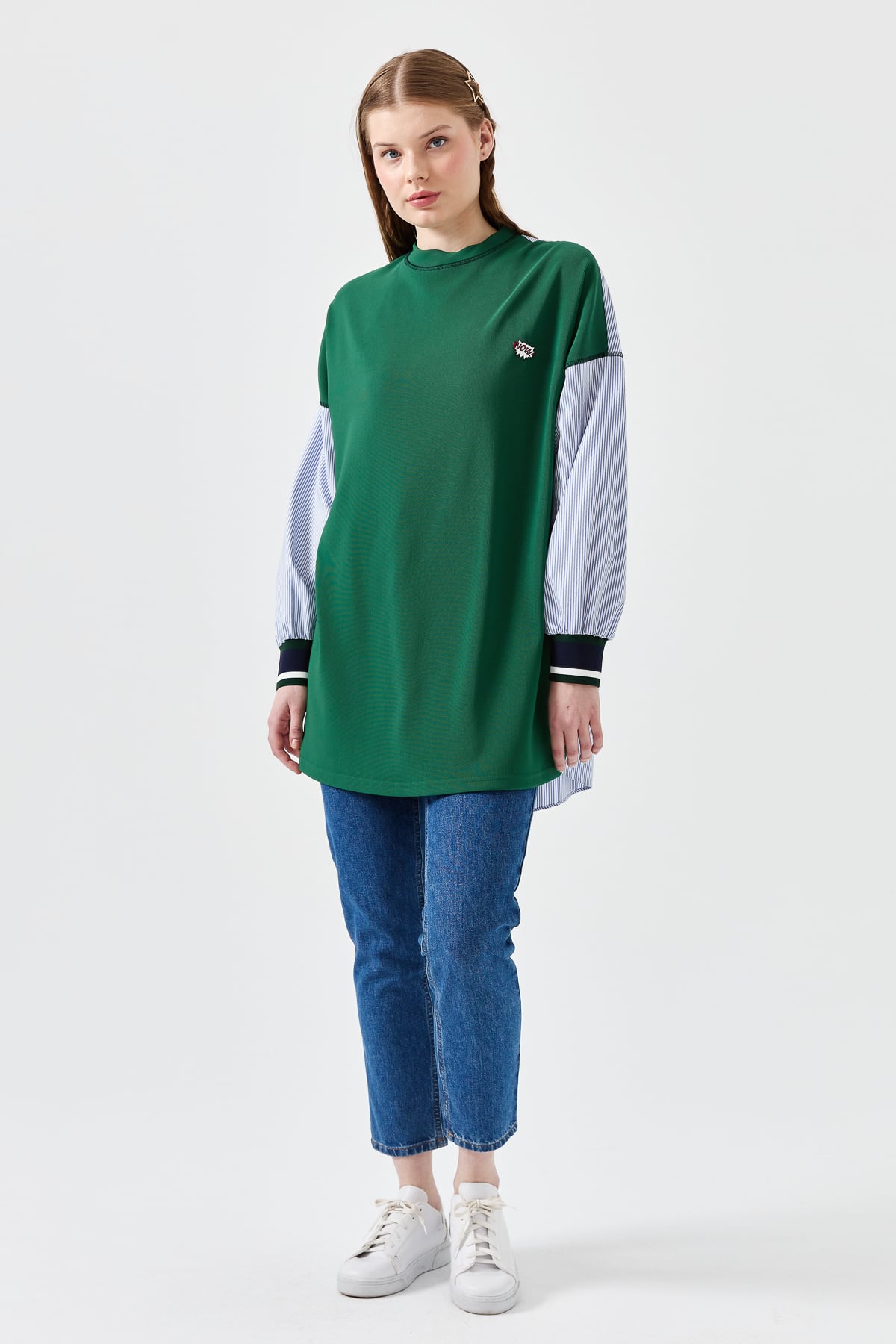 NİHAN Sweat Nihan Kolları Poplin Ribanalı Tunik  Benetton Yeşili_modest