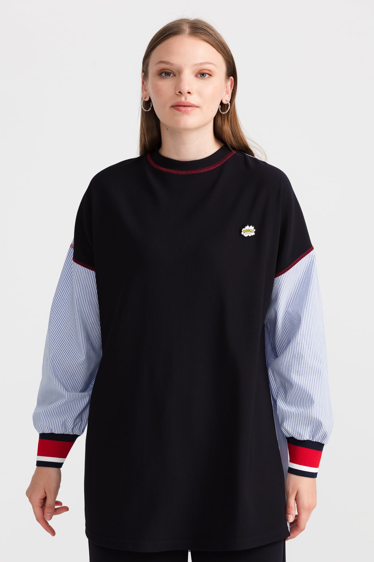 NİHAN Sweat Nihan Kolları Poplin Ribanalı Tunik  Lacivert_modest