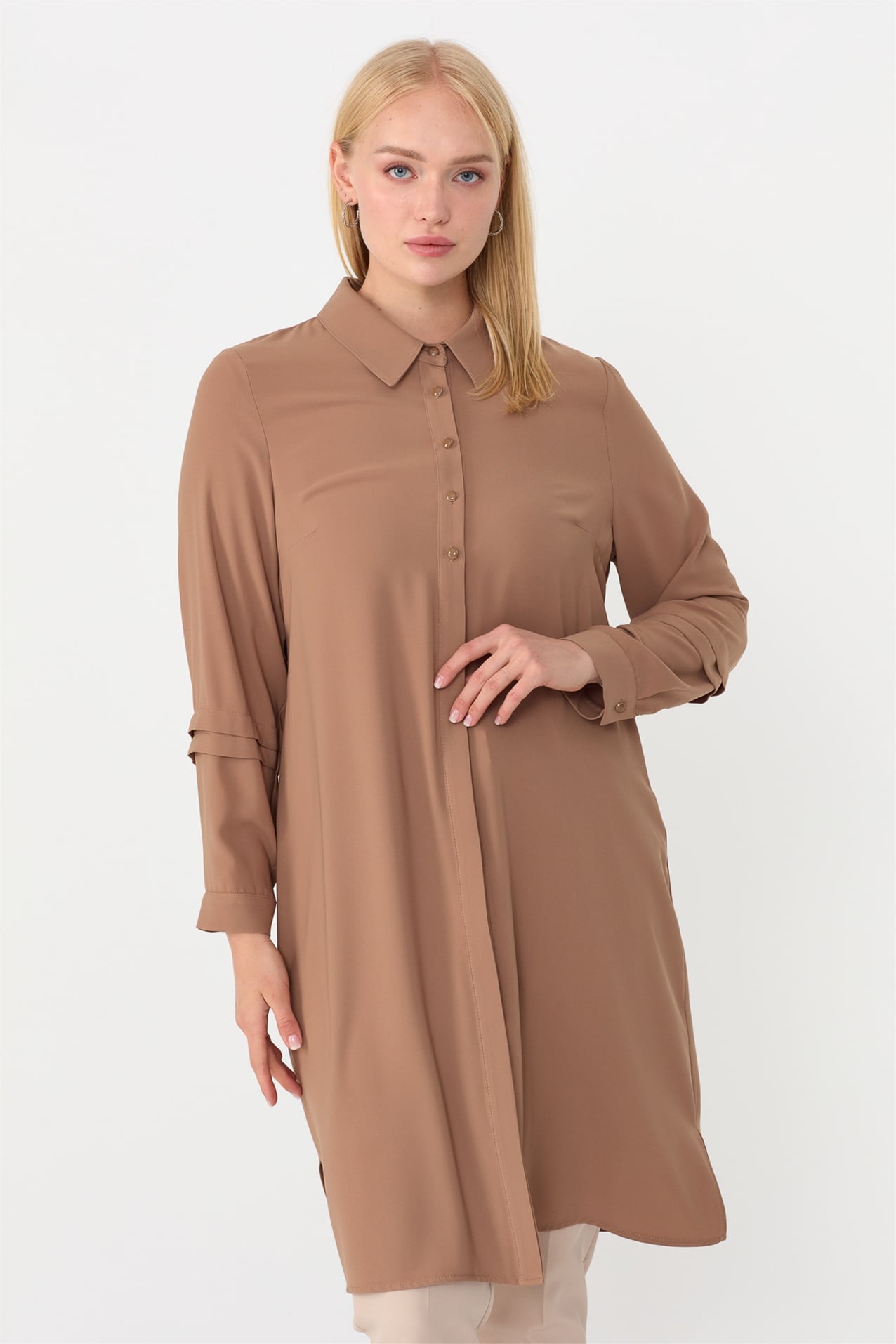 NİHAN Tunik Nihan Kolu Pili Detaylı Büyük Beden Tunik  Camel_modest