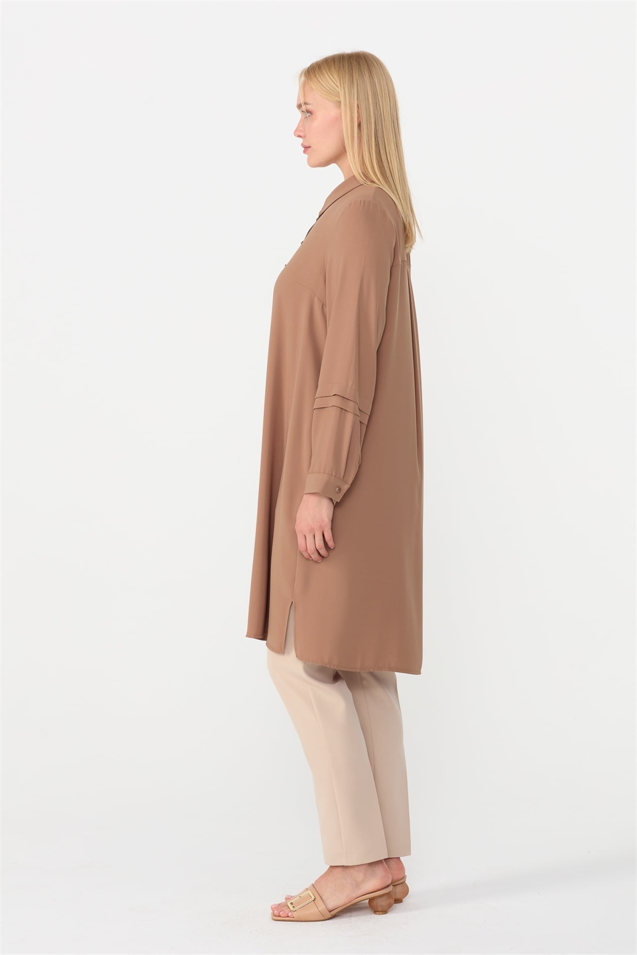 NİHAN Tunik Nihan Kolu Pili Detaylı Büyük Beden Tunik  Camel_modest