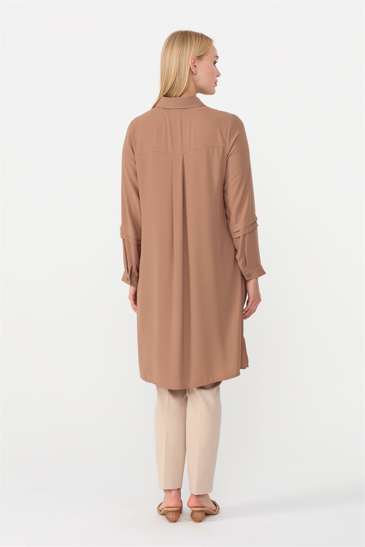 NİHAN Tunik Nihan Kolu Pili Detaylı Büyük Beden Tunik  Camel_modest