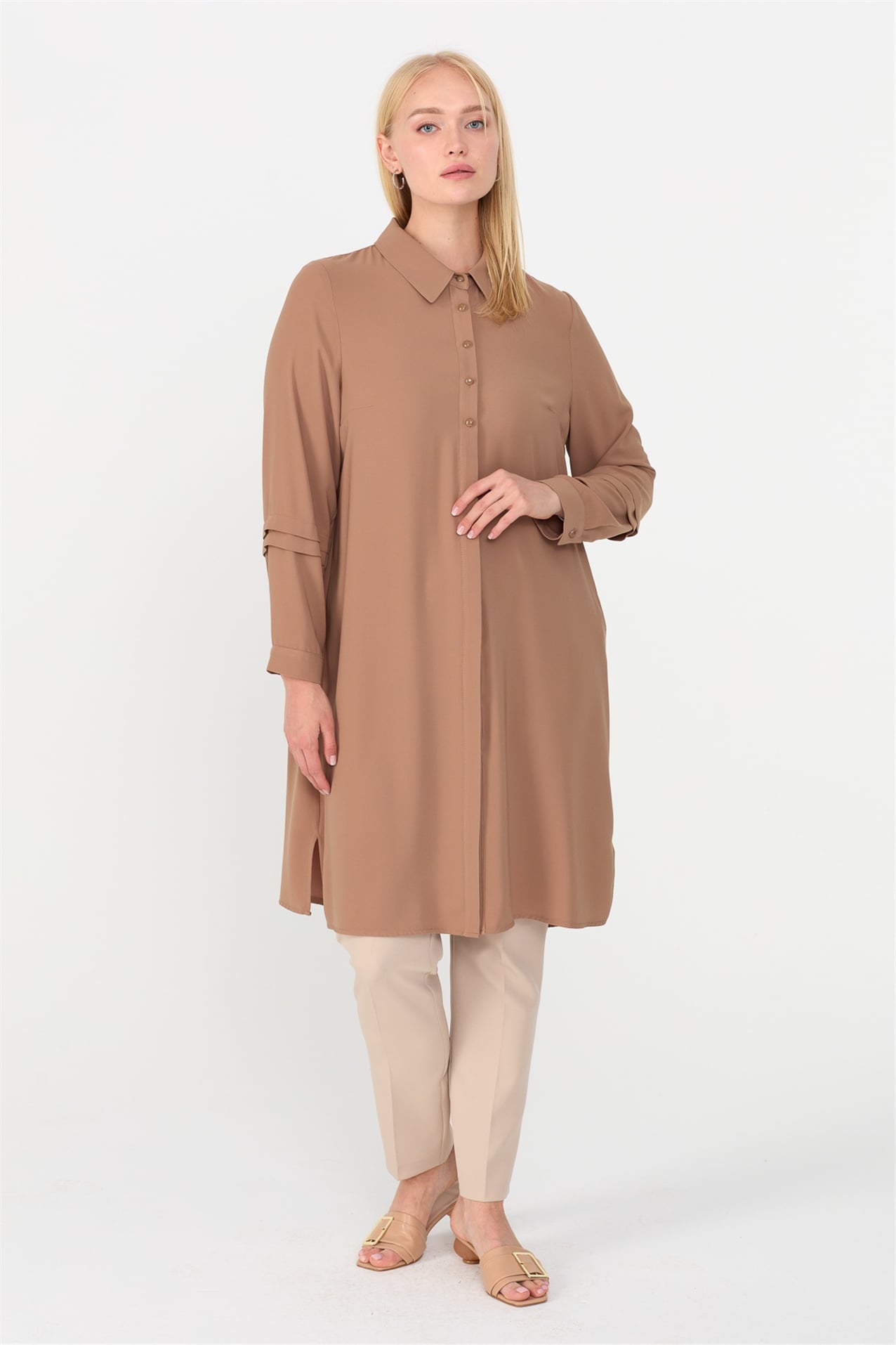 NİHAN Tunik Nihan Kolu Pili Detaylı Büyük Beden Tunik  Camel_modest
