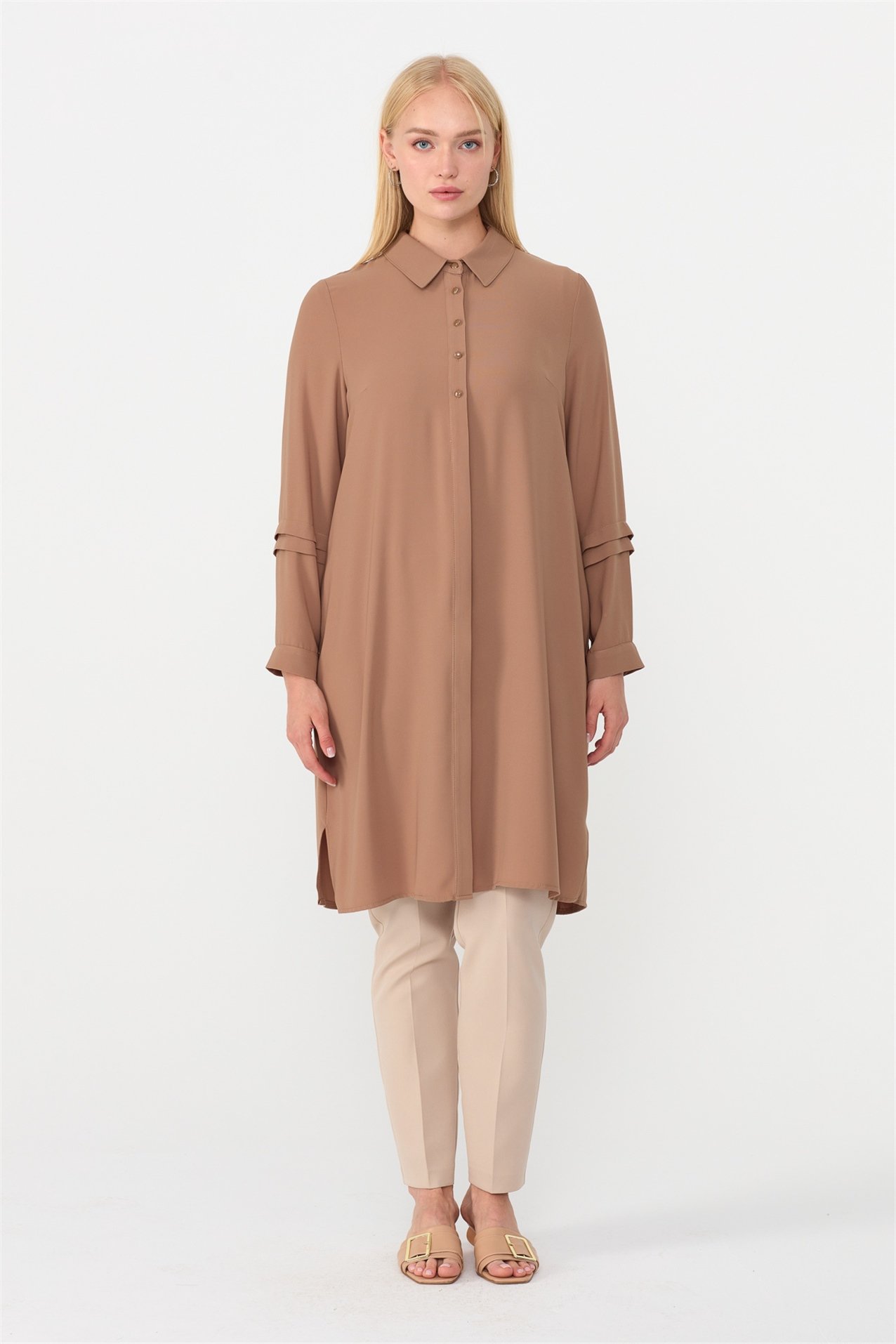 NİHAN Tunik Nihan Kolu Pili Detaylı Büyük Beden Tunik  Camel_modest