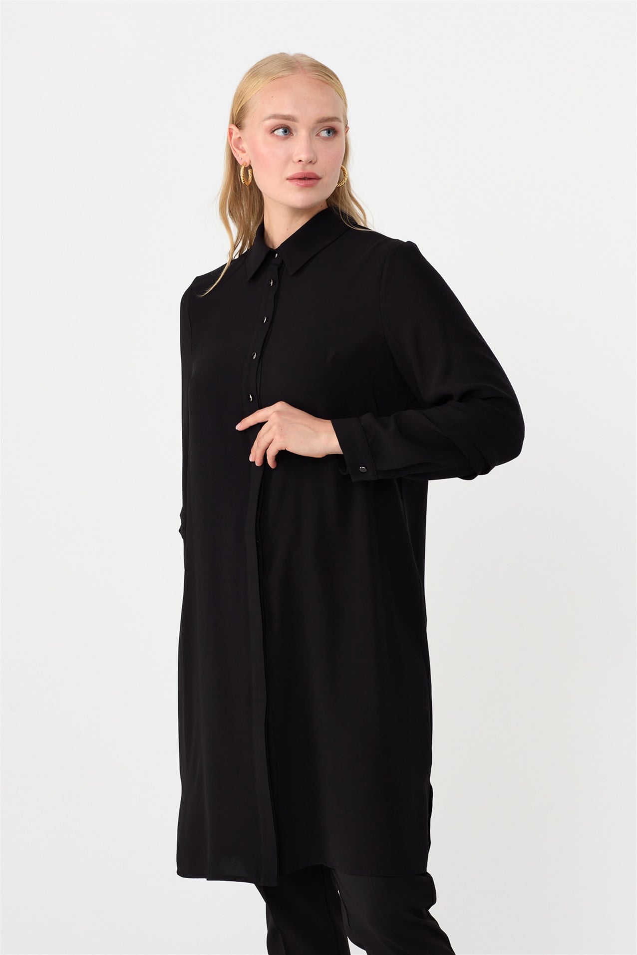NİHAN Tunik Nihan Kolu Pili Detaylı Büyük Beden Tunik  Siyah_modest
