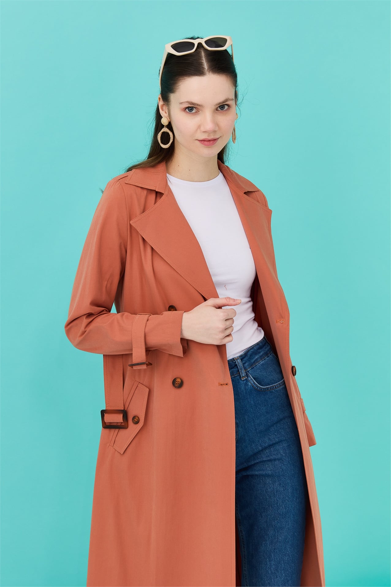 NİHAN Trench Coat Nihan Kruvaze Kapama Kemerli Trençkot  Kiremit_modest