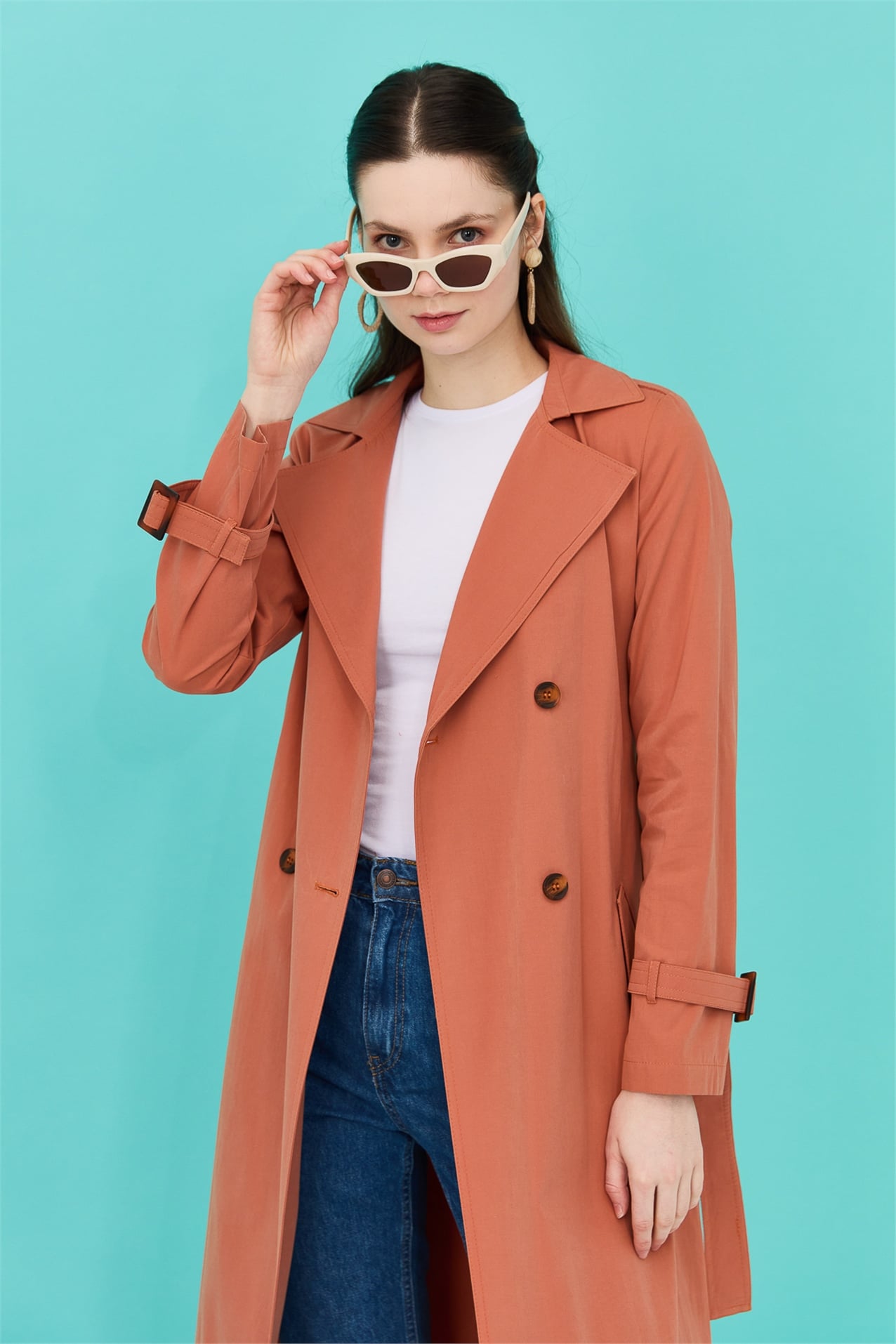 NİHAN Trench Coat Nihan Kruvaze Kapama Kemerli Trençkot  Kiremit_modest