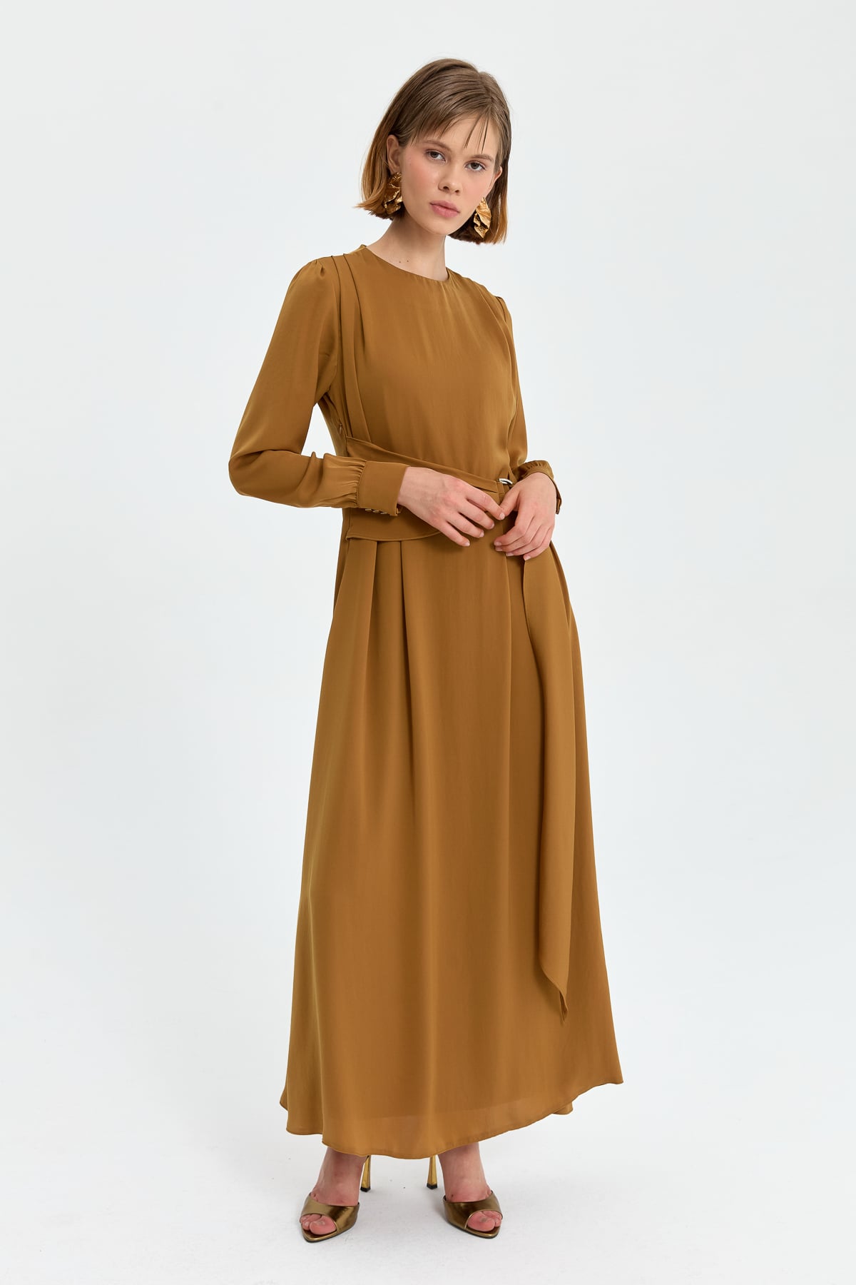 NİHAN Elbise Nihan Kuşak Detaylı Elbise  Camel_modest